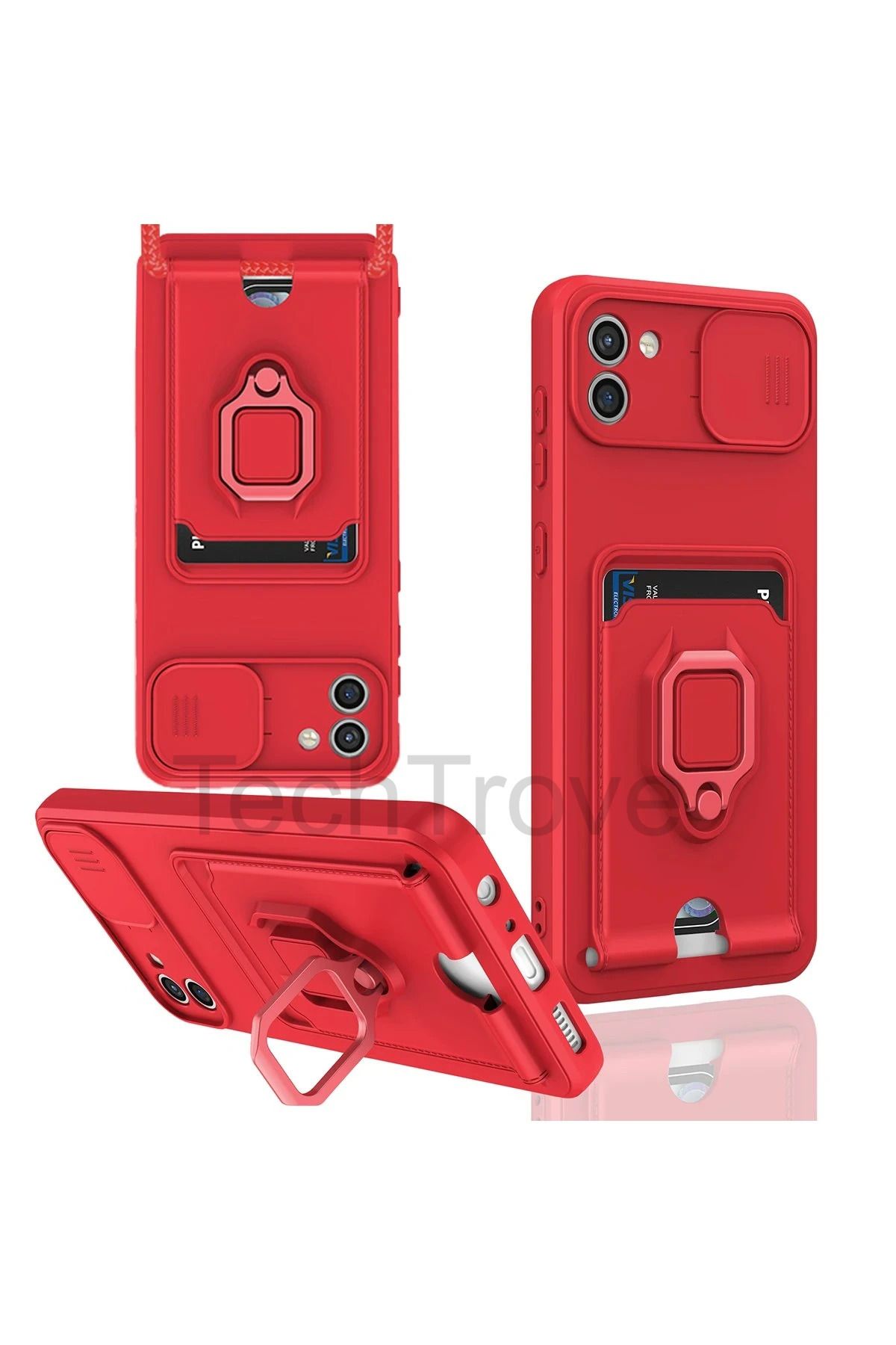 TechTrove Samsung Galaxy A03 Kılıf Kamera Koruma Sürgülü Kartvizitli Kartlıklı Standlı İpli Renkli Kapak