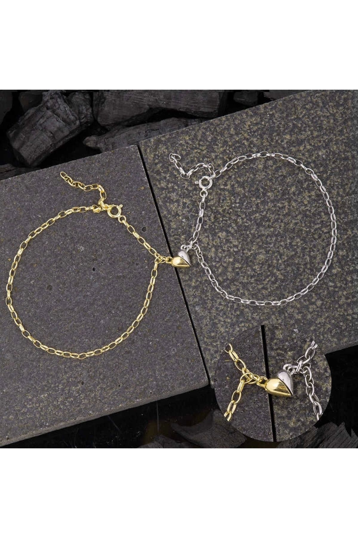 minaydan 925 Ayar Gümüş Rodyum Gold Çift Kalpli Aşk Bileklik