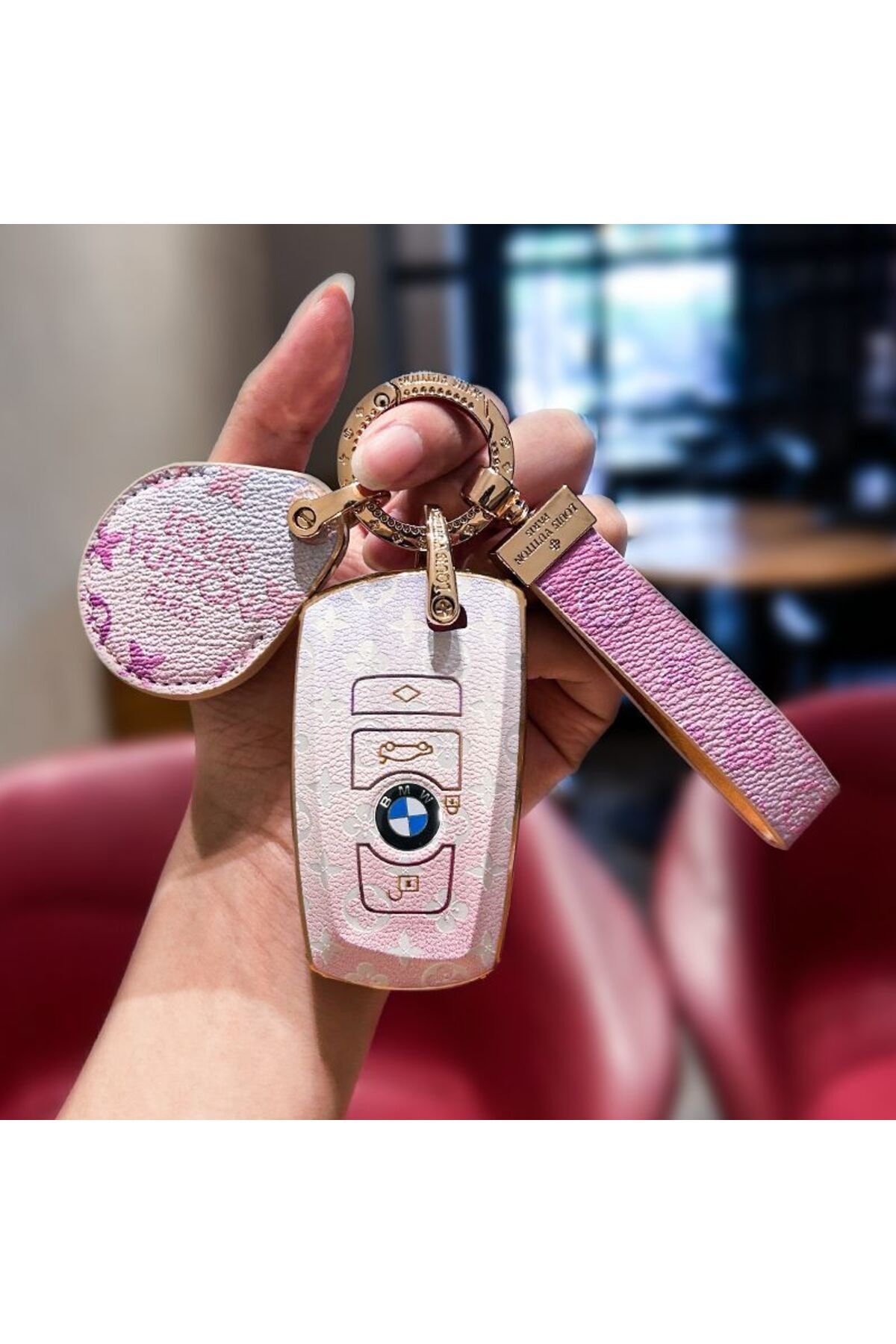 casehometr BMW ile uyumlu LV desenli Pembe anahtar kılıfı