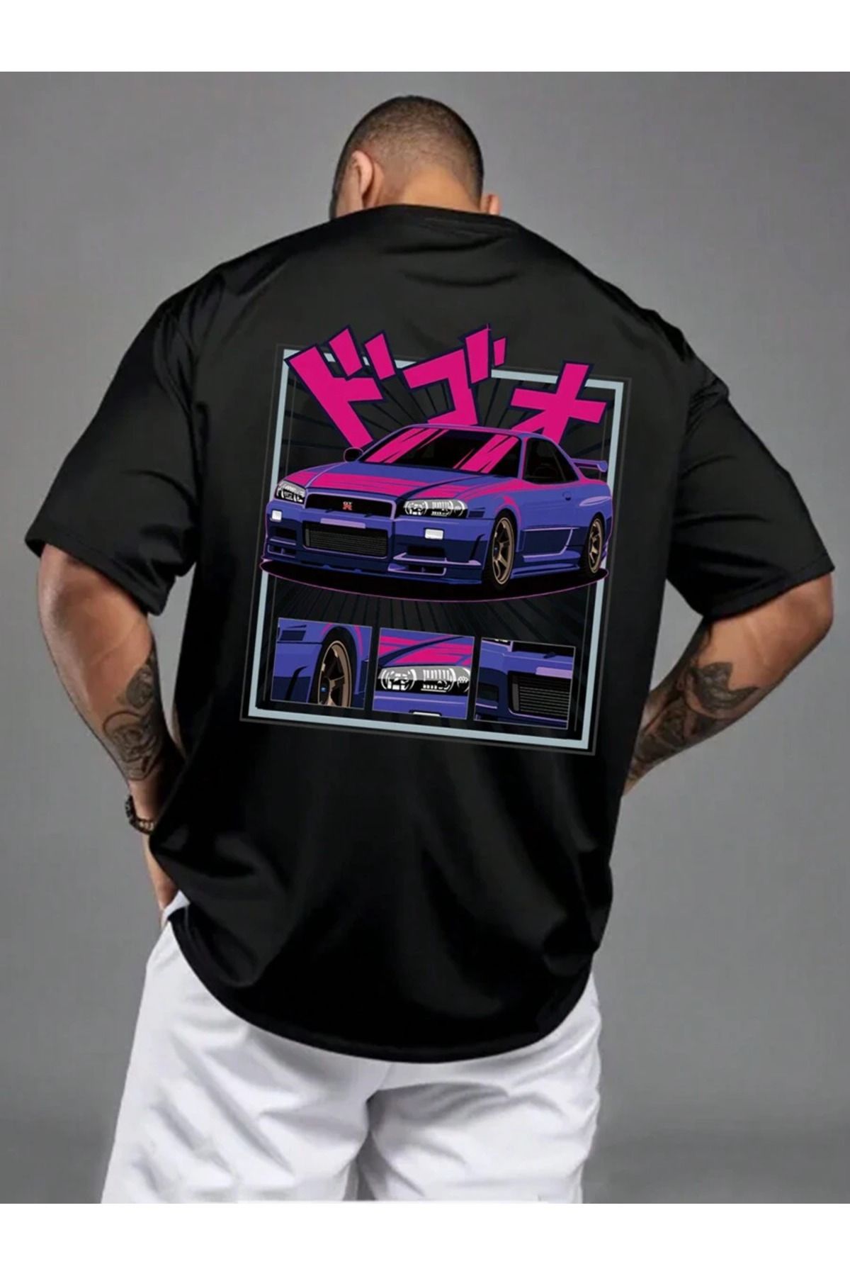 ELNOYA Unisex Siyah Oversize Tişört "Super Car" Baskılı Rahat Günlük T-shirt