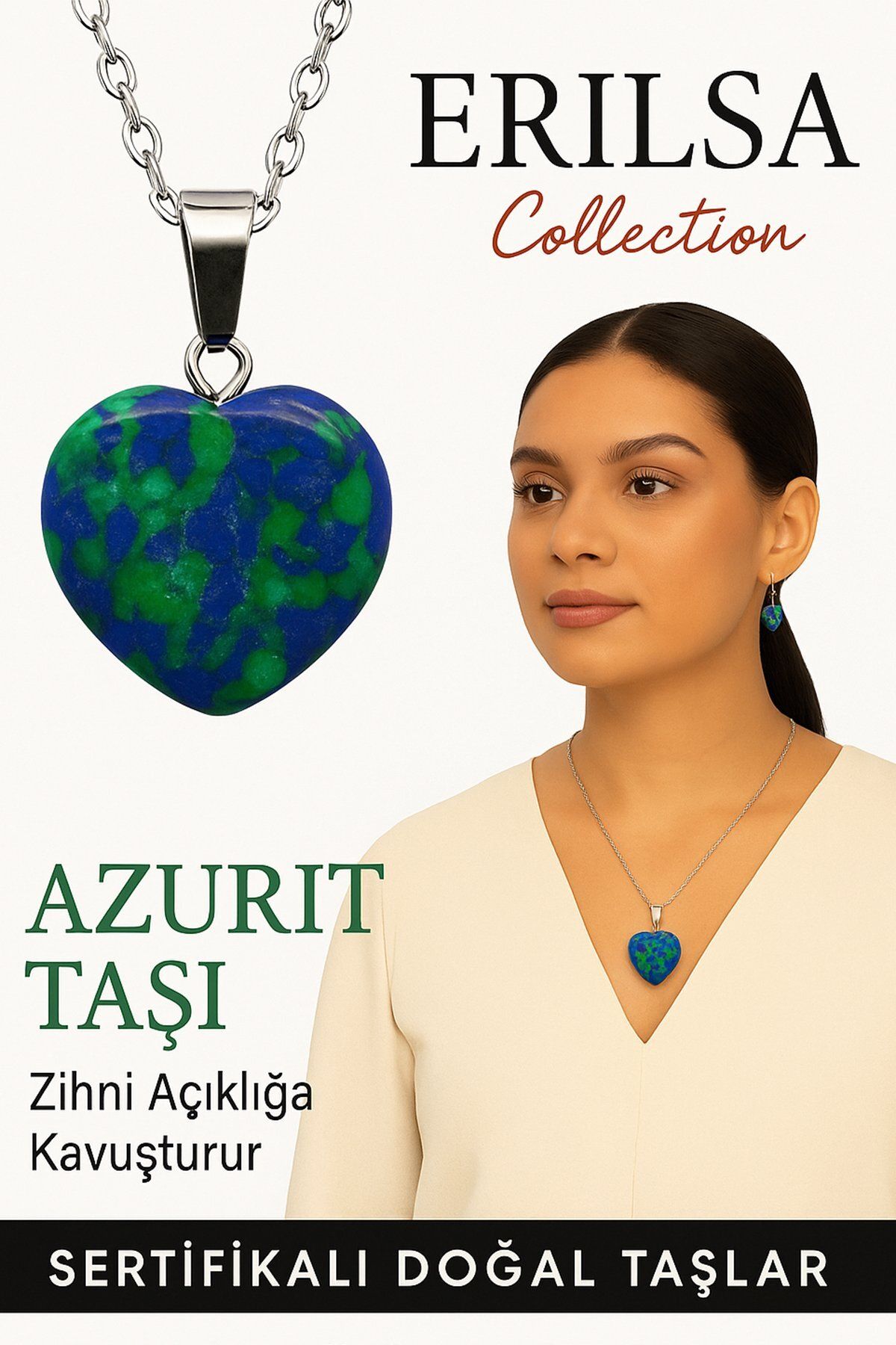 Erilsa Sertifikalı Kalp Model Azurit Taşı Kolye – Sezgi Gücünü Artırır ve Ruhsal Farkındalık Kazandırır