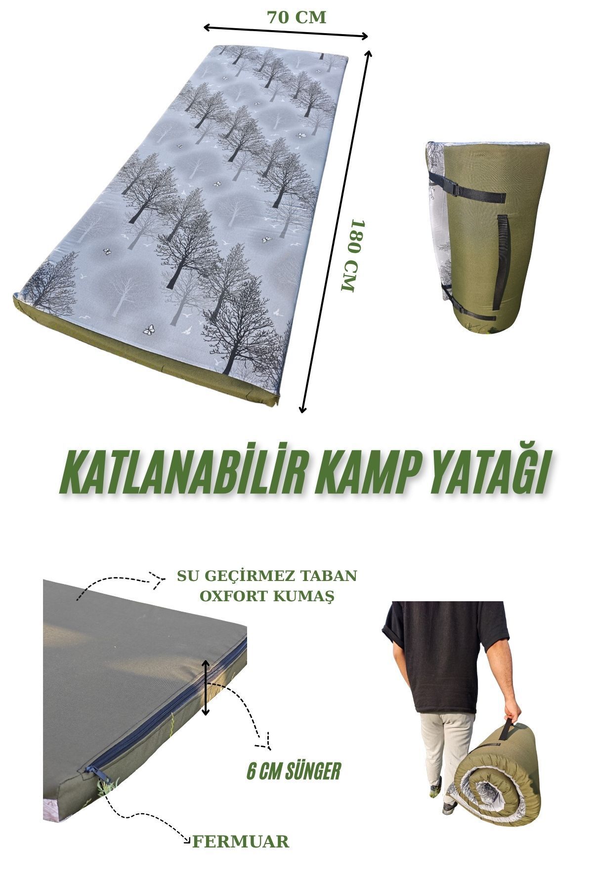 Med Online Katlanabilir Kamp Yatağı Su Geçirmez Taban Fermuarlı Minder Taşınabilir Kılıf Çadır Mat 180x70x6 cm