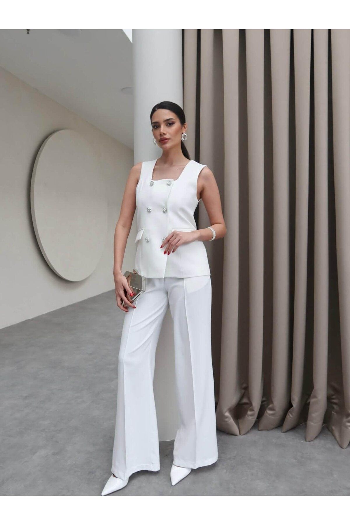Hotfashion TAŞ DÜĞMELİ SIFIR KOL YELEK PANTOLON TAKIM