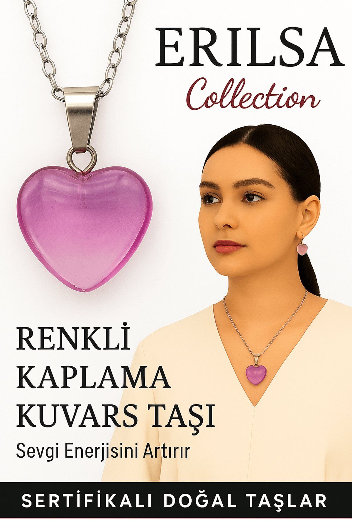 Erilsa Sertifikalı Renkli Kaplama Kuvars Taşı Kolye (Pembe) – Sevgi Enerjisi, Ruhsal Arınma ve Zarafet