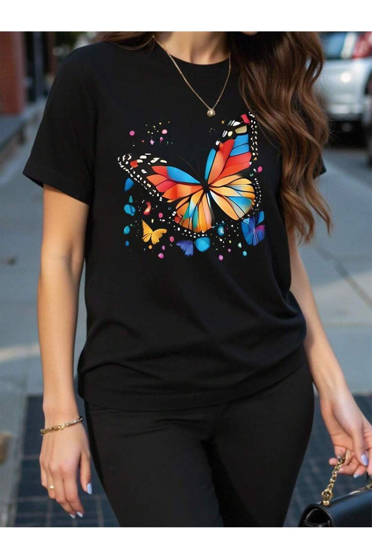 ELNOYA Unisex Siyah Oversize Tişört "Kelebek" Baskılı Rahat Günlük T-shirt