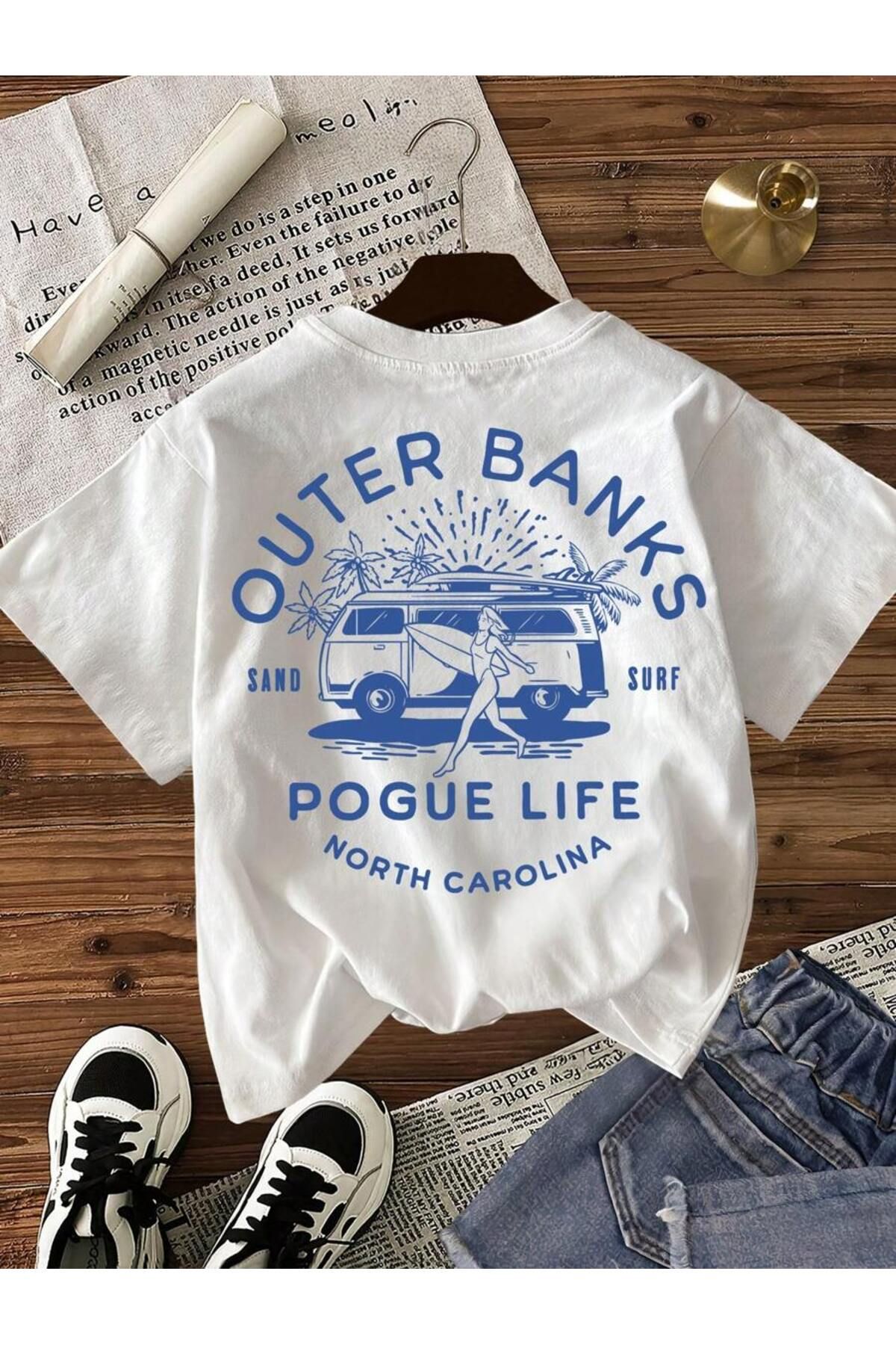 ELNOYA Unisex Pamuklu Beyaz Oversize "Outer Banks" Baskılı Rahat Günlük T-shirt