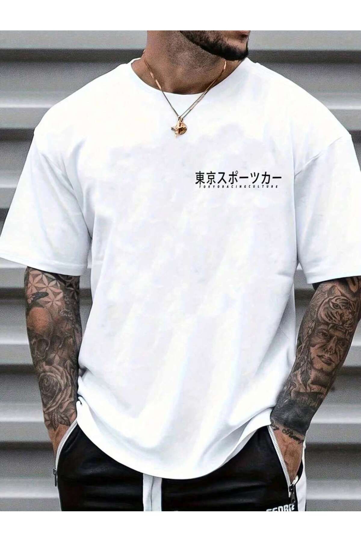 ELNOYA Unisex Pamuklu Beyaz Oversize "Çince" Baskılı Rahat Günlük T-shirt