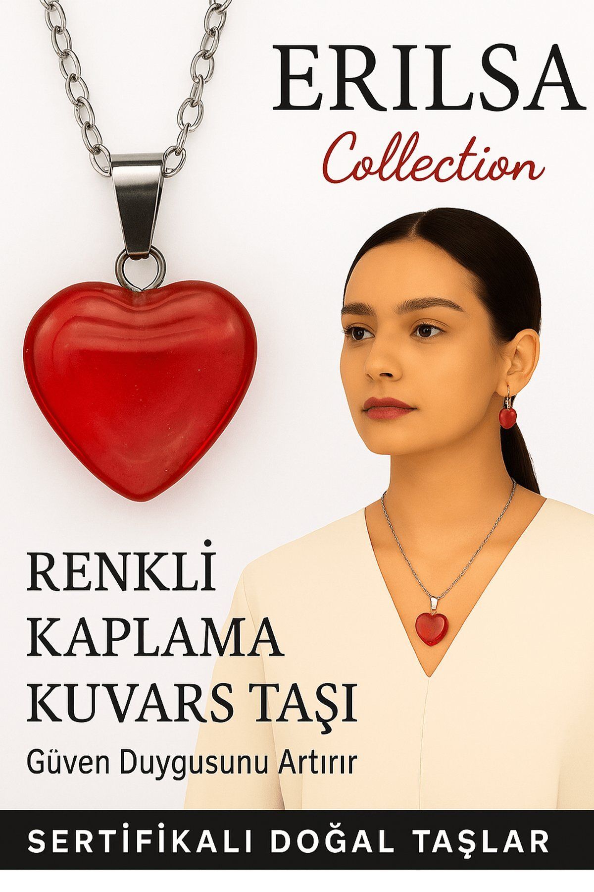 Erilsa Sertifikalı Renkli Kaplama Kuvars Taşı Kolye (Kırmızı) – Tutku, Güç ve Koruyucu Enerji Taşı