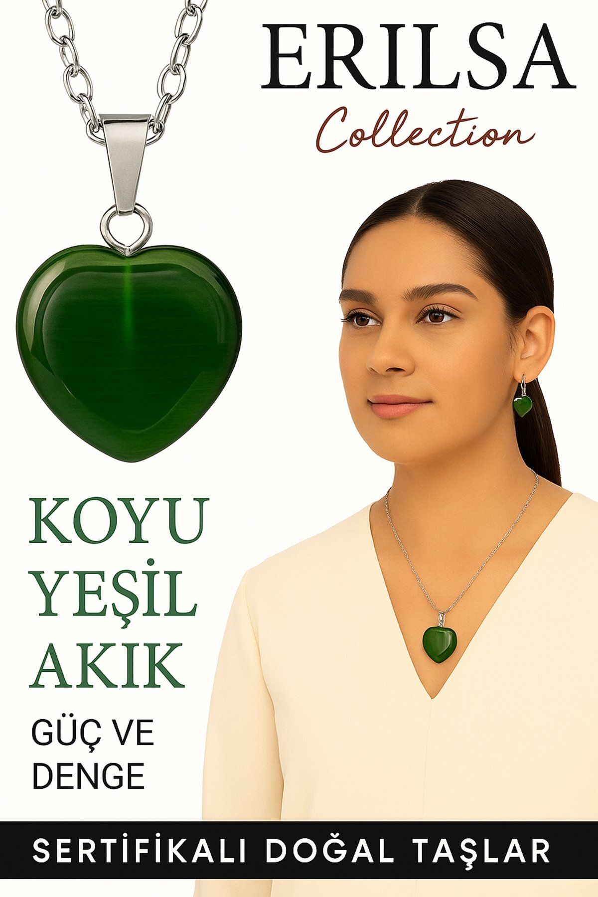 Erilsa Sertifikalı Kalp Model Koyu Yeşil Akik Taşı Kolye – Denge, Koruma ve Ruhsal Güç Sembolü