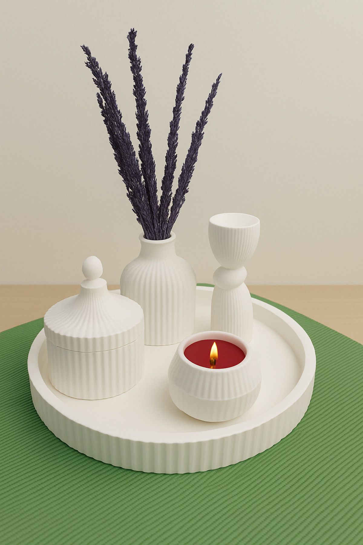 Lydia Accessory Dekoratif Yuvarlak Tepsi Seti – Tealight Mumluk, Kapaklı Kutu, İskandinav Vazo ve Beton Biblo