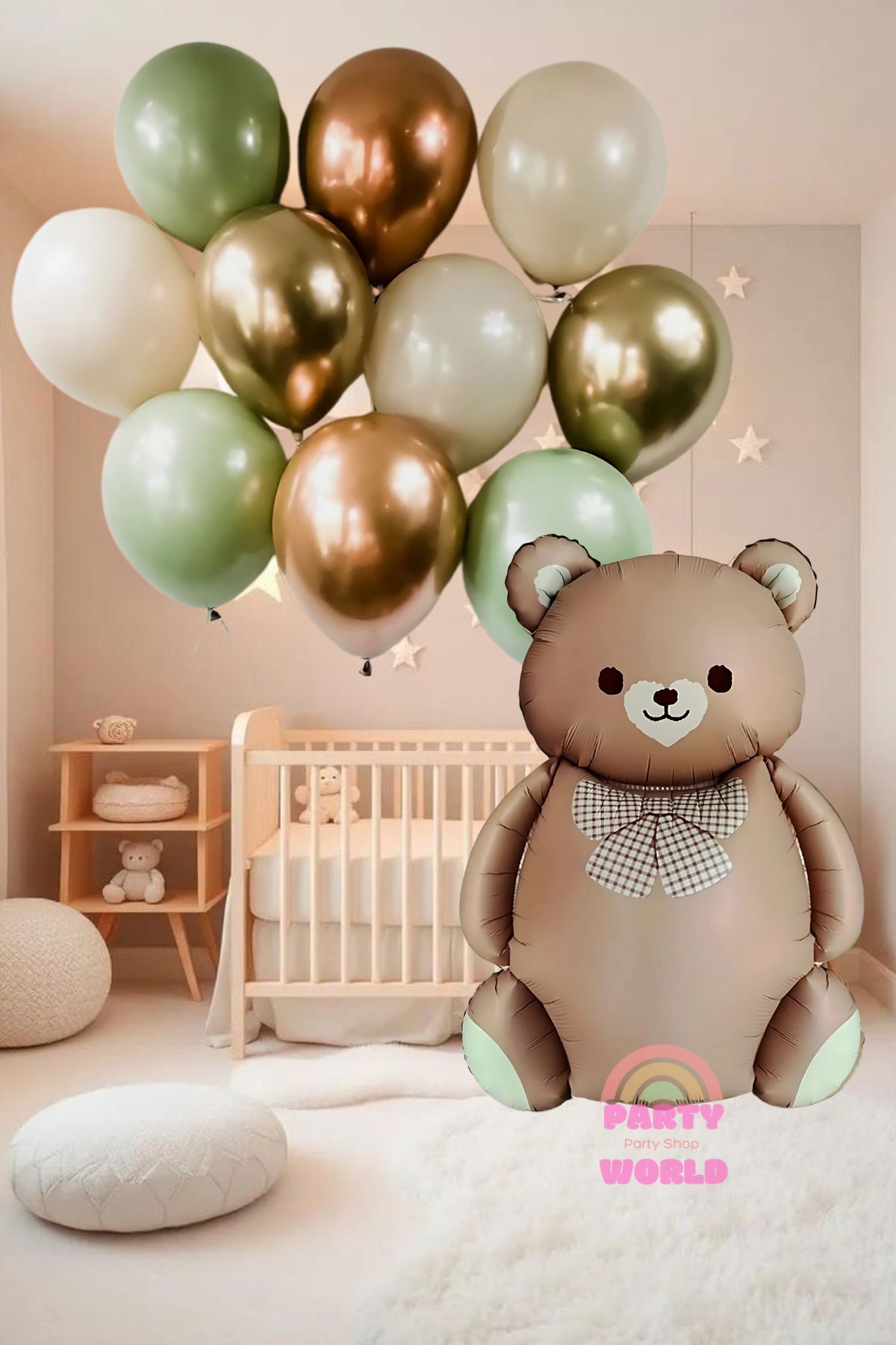 party world Papyonlu Kahverengi Ayıcık Folyo Balon & 10’lu Okaliptus Tonlar Balon Seti – Doğal ve Şık Parti Süsü