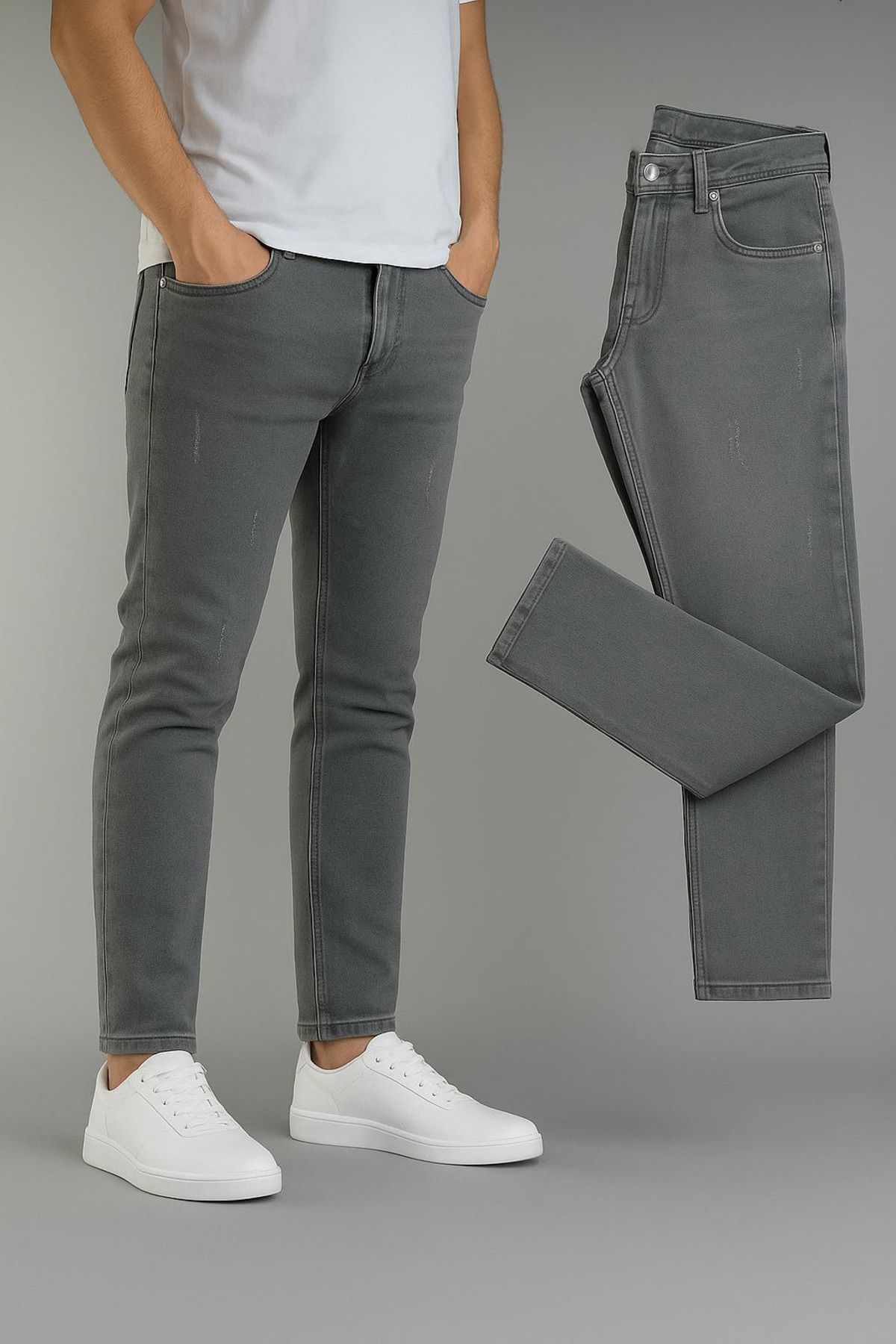 BM BALANCEMODA Erkek Gri Slim Fit Likralı Tırnaklı Kot Pantolon