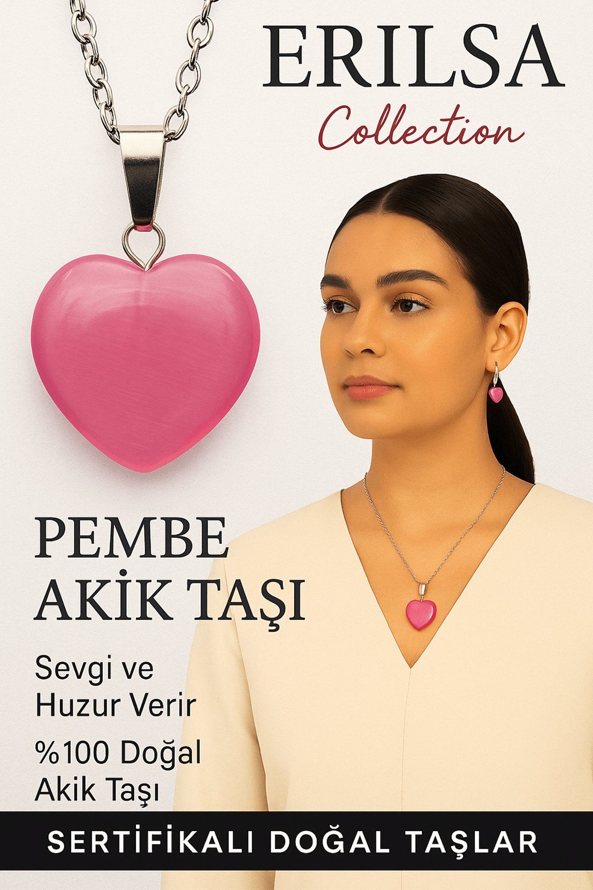 Erilsa Sertifikalı Kalp Model Pembe Akik Taşı Kolye – Şefkat, Öz Sevgi ve Ruhsal Denge Taşı