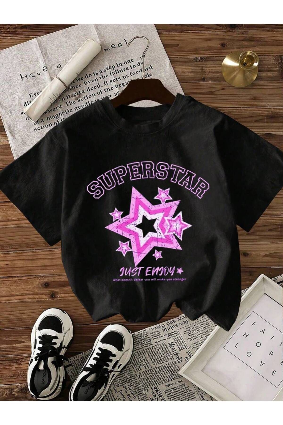 ELNOYA Unisex Siyah Oversize Tişört "SuperStar" Baskılı Rahat Günlük T-shirt
