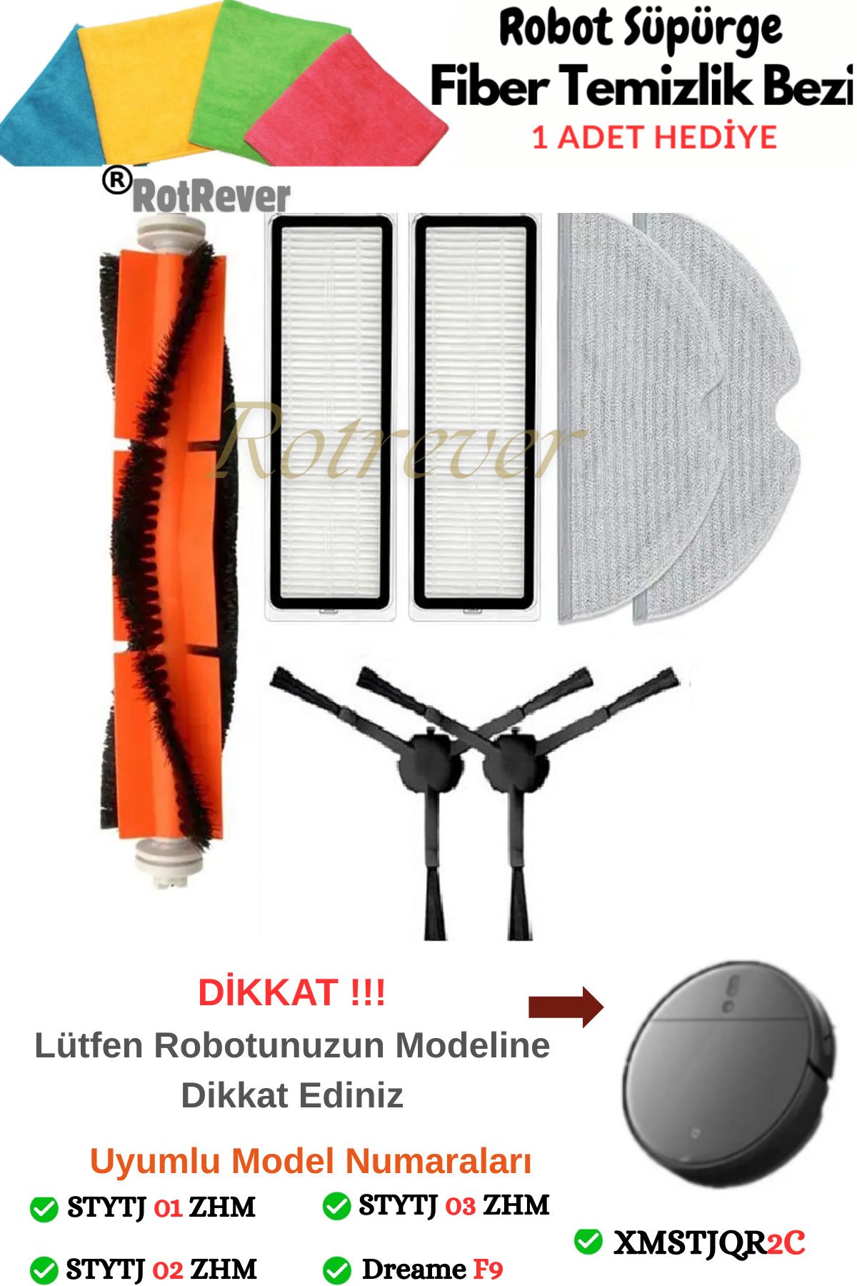 RotRever Mijia 1c.Vacuum Mop 1c Ve 2c ile-Mop Pro 2+ 3d Uyumlu Hepa Filtre,Fırça,Mop Paspas Seti-7 Parça