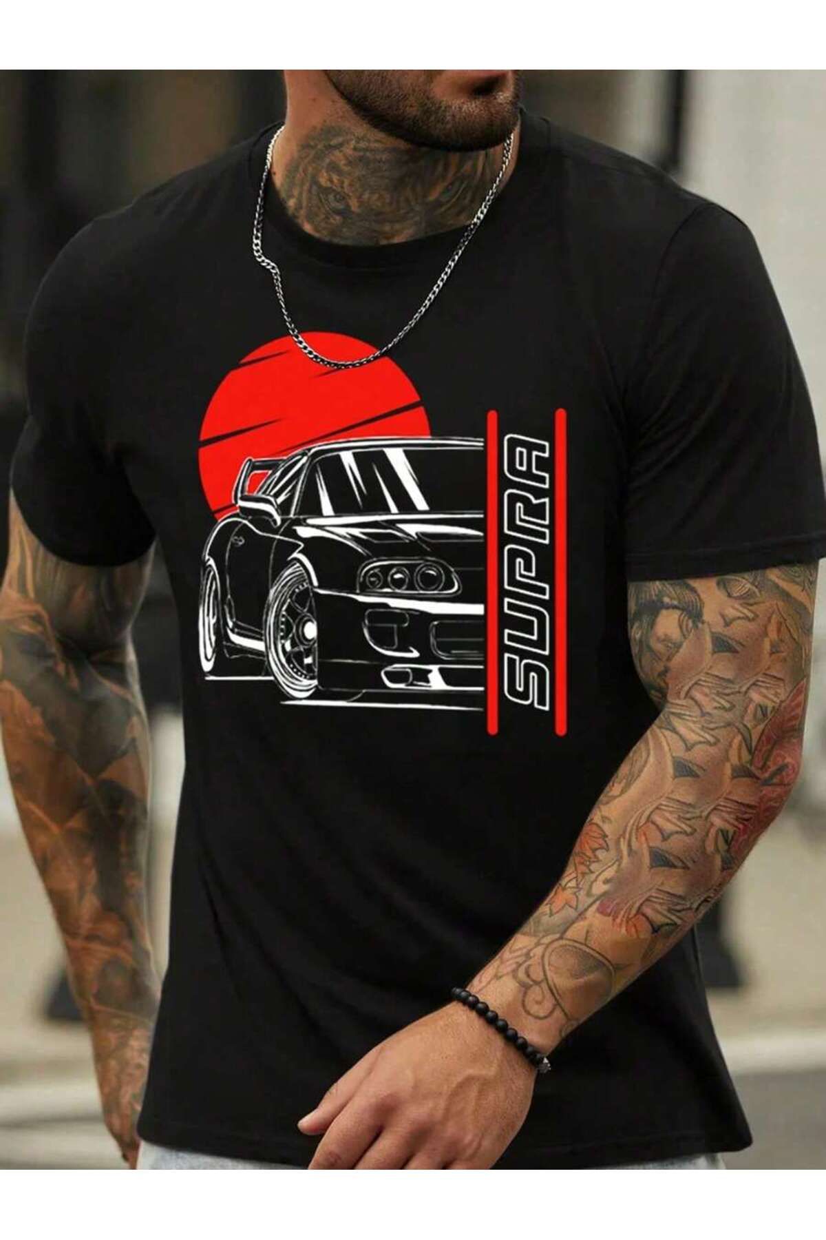 ELNOYA Unisex Siyah Oversize Tişört "Supra Car" Baskılı Rahat Günlük T-shirt