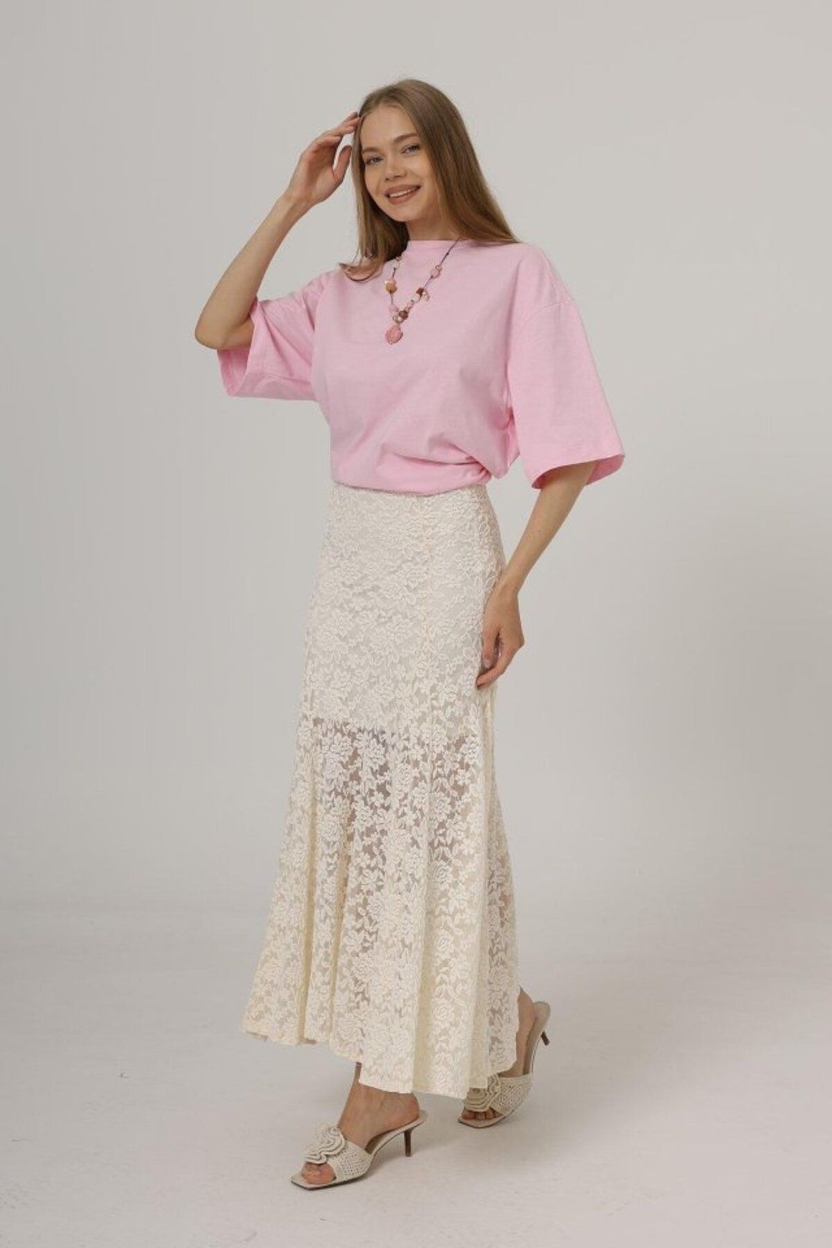 velmorafashion Bel Lastikli Dantel Etek - Krem