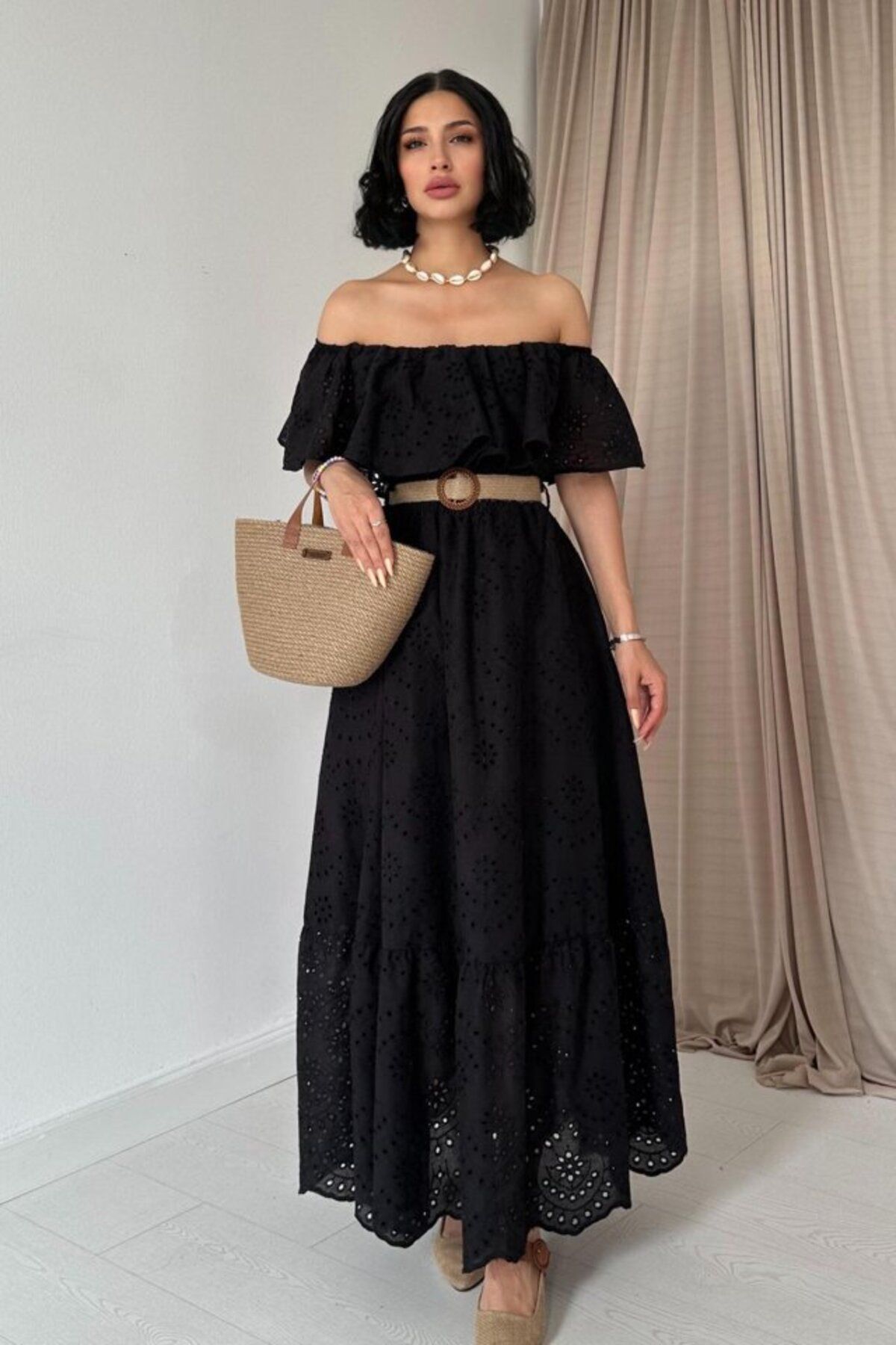 velmorafashion Siyah Omzu Lastikli Brode Elbise