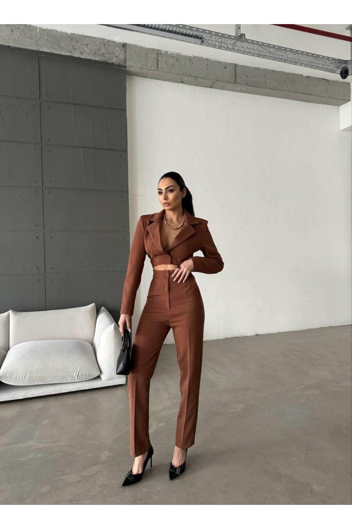 velmorafashion CEKET YAKA BEL DEKOLTELİ TULUM - Acı Kahve
