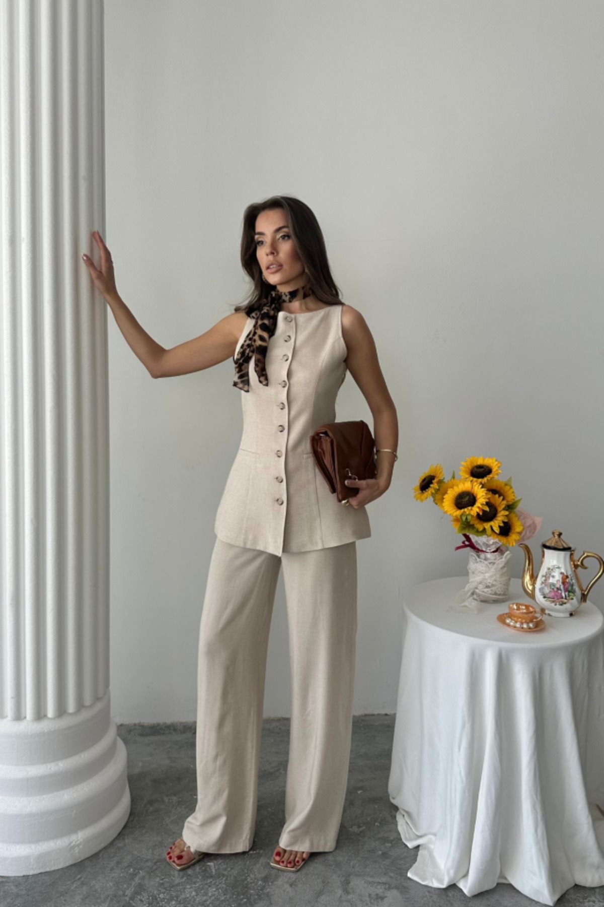 velmorafashion KETEN YELEK - PANTOLON TAKIM - Bej