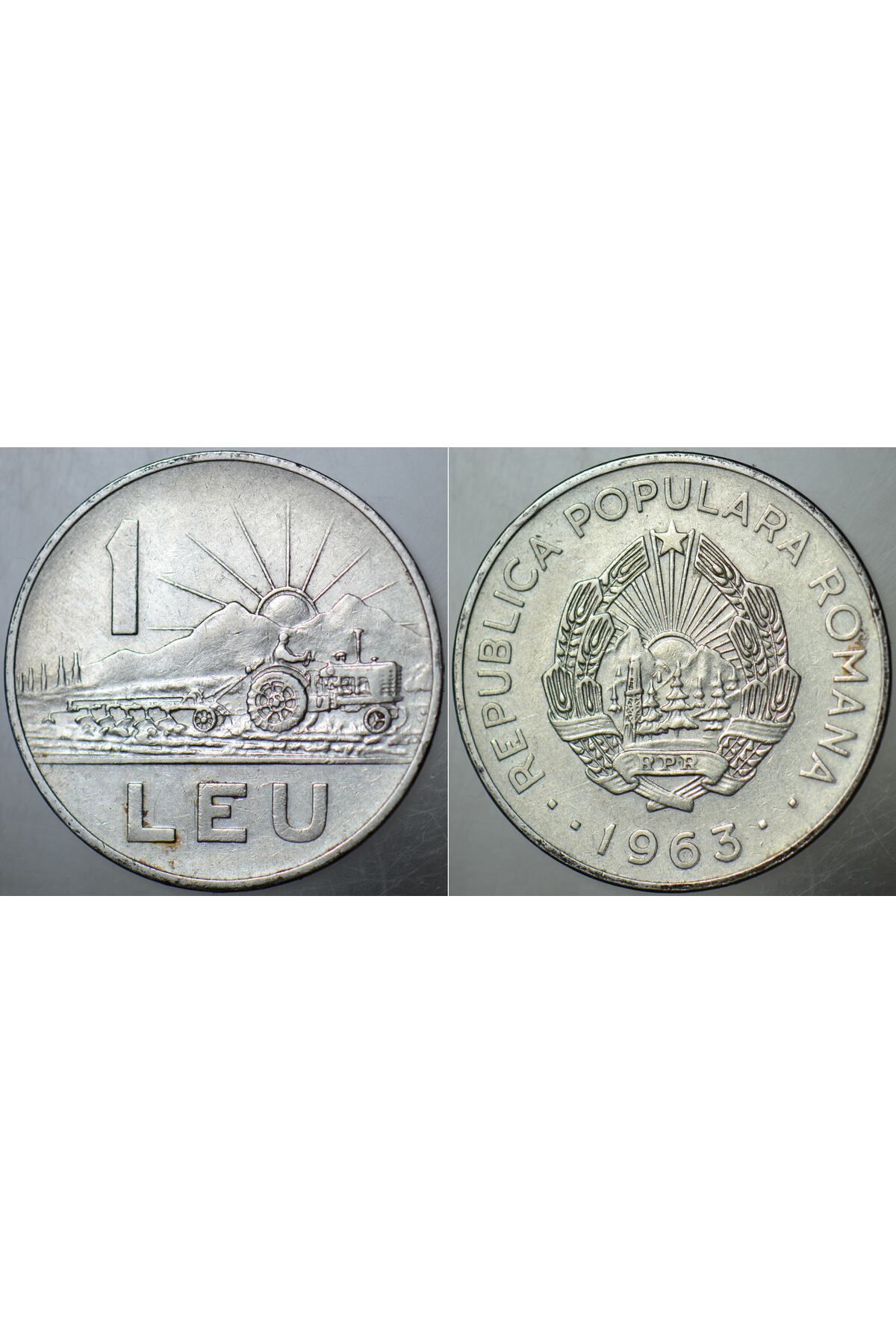 Banknoting ROMANYA 1 LEY 1963. TRAKTÖR VE TARIM TEMALI. SOSYALİST DÖNEM.