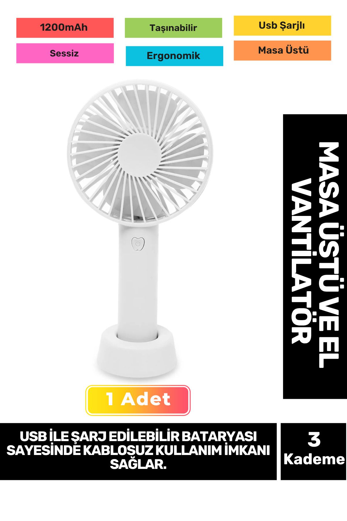 Fantazer 3 Kademeli Ultra Sessiz Hafif Kablosuz 1200mAh Pervaneli Taşınabilir Usb Şarj Masa El Fan Vantilatör