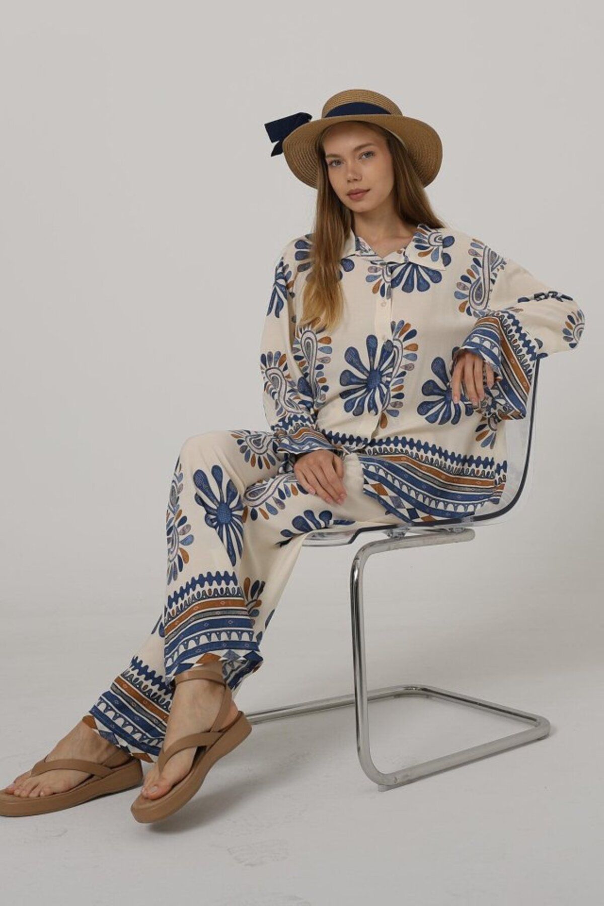 velmorafashion Desenli Kolları Volanlı Pantolon Takım - Mavi