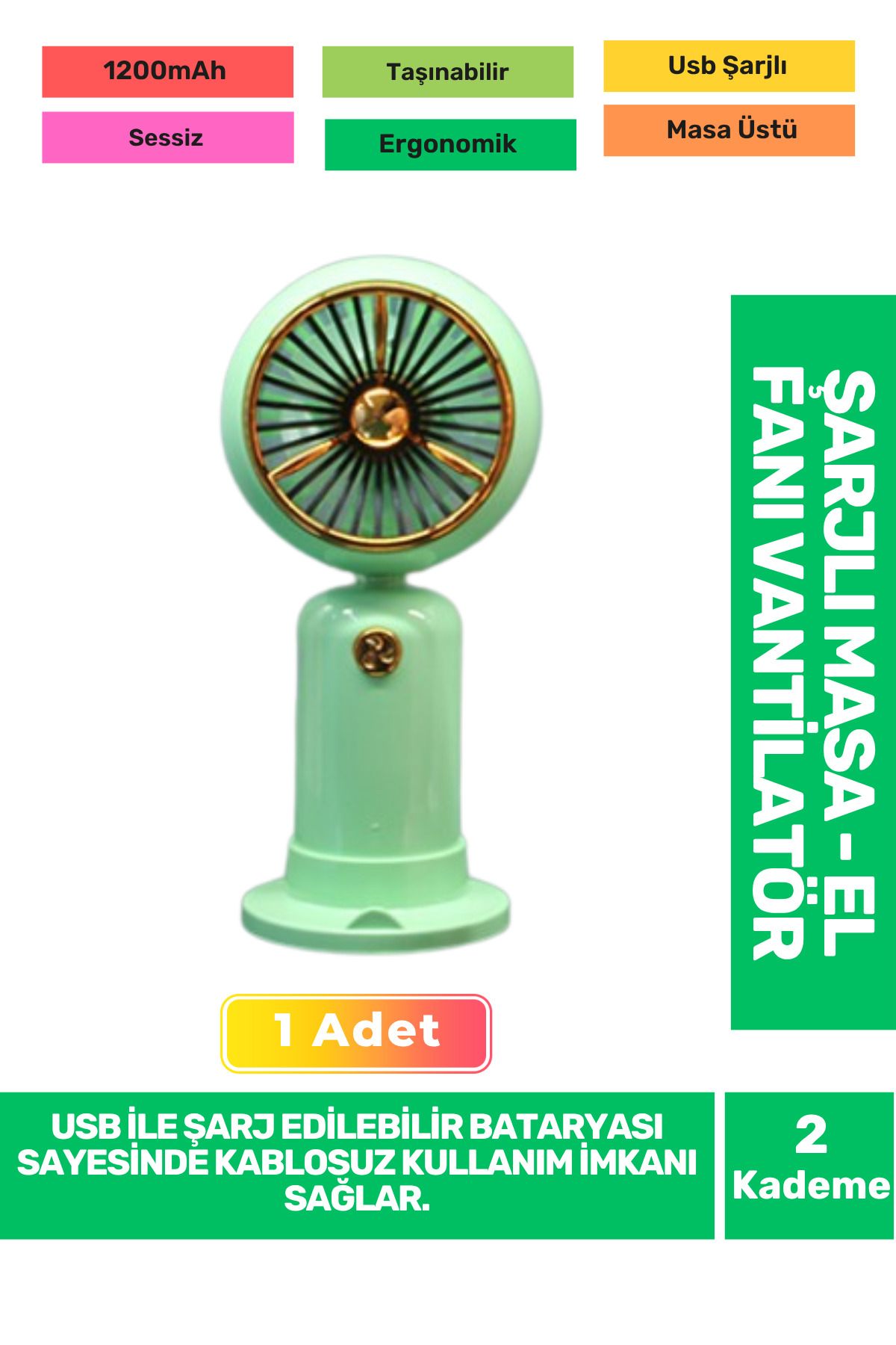 Fantazer Ultra Sessiz 2 Kademeli Hafif Kablosuz 1200mAh Pervane Taşınabilir Usb Şarjlı Masa El Fan Vantilatör