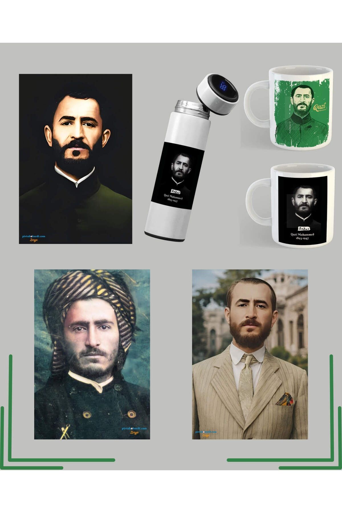ZERYA QAZİ MUHAMMED POSTERİ - Qazi Muhammed Tasarımlı Kupa Termos ve Poster Seti (2 KUPA 1 TERMOS)