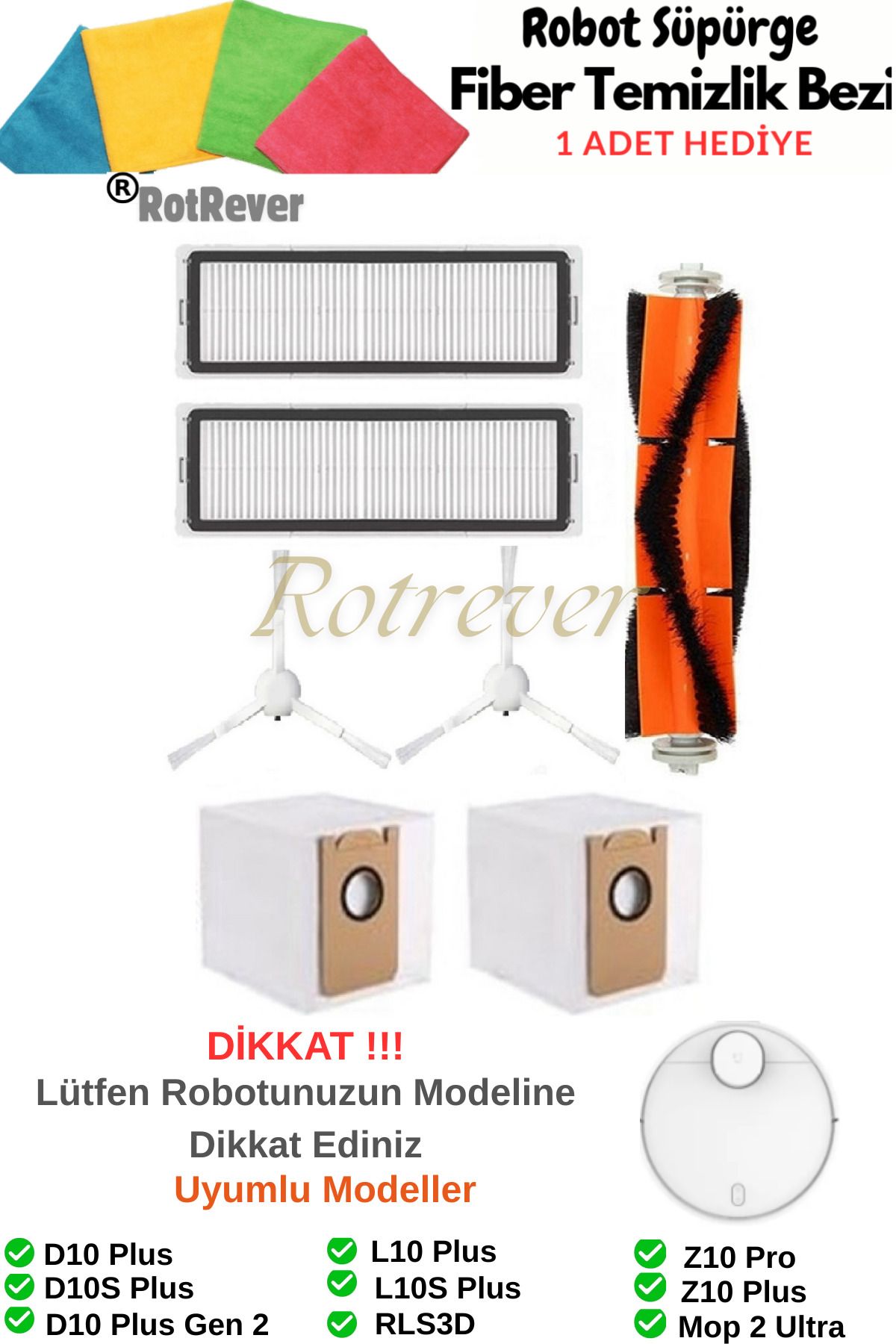 RotRever Dreame Bot D10+ Plus / D10S+ Plus Uyumlu Hepa Filtre,Fırça,Toz Torbası Yedek Parça Seti-7 Parça
