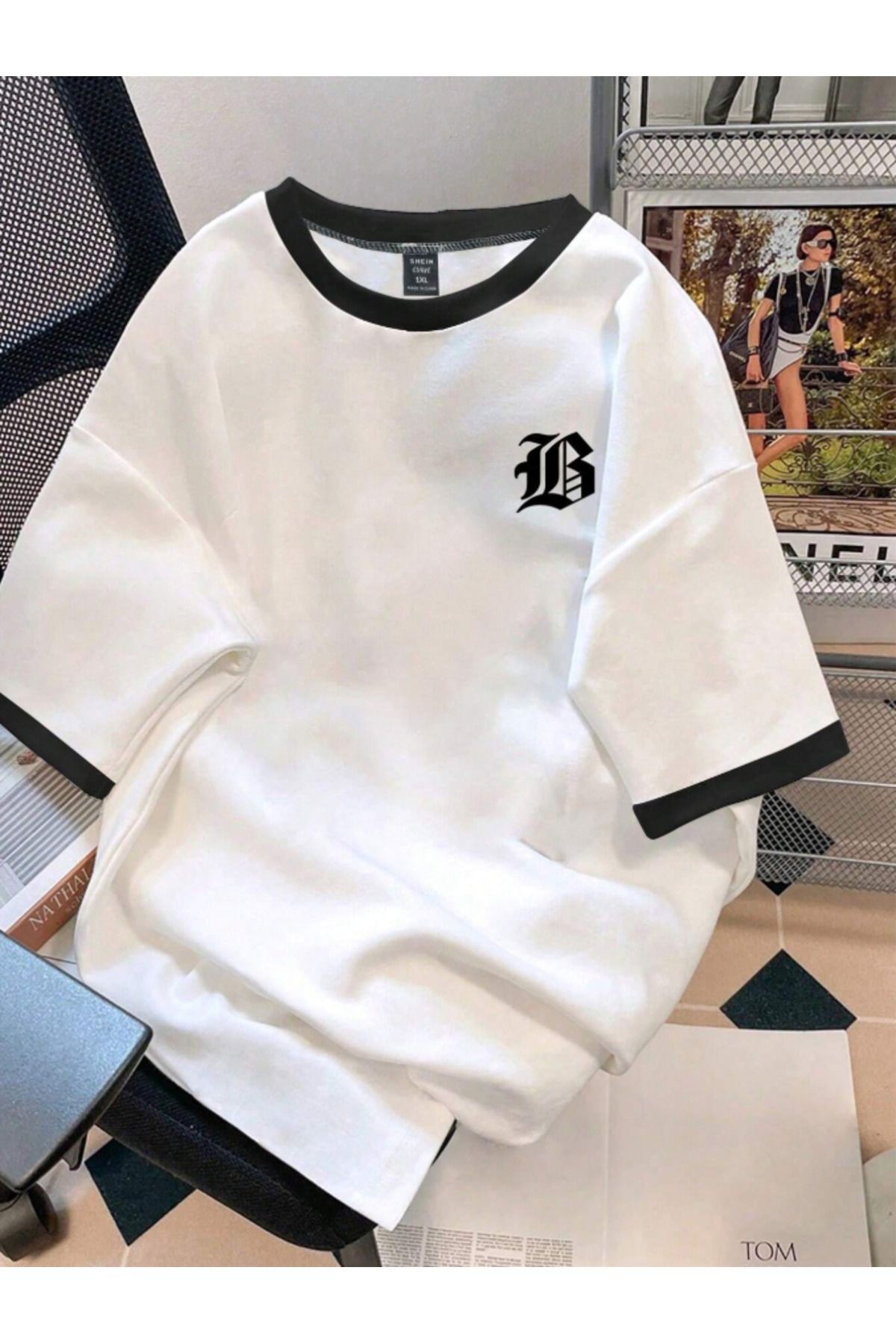 COHERENT Unisex Erkek/Kadın Beyaz Siyah Yaka B Harfi Özel Baskılı Oversize Pamuklu T-Shirt Tişört