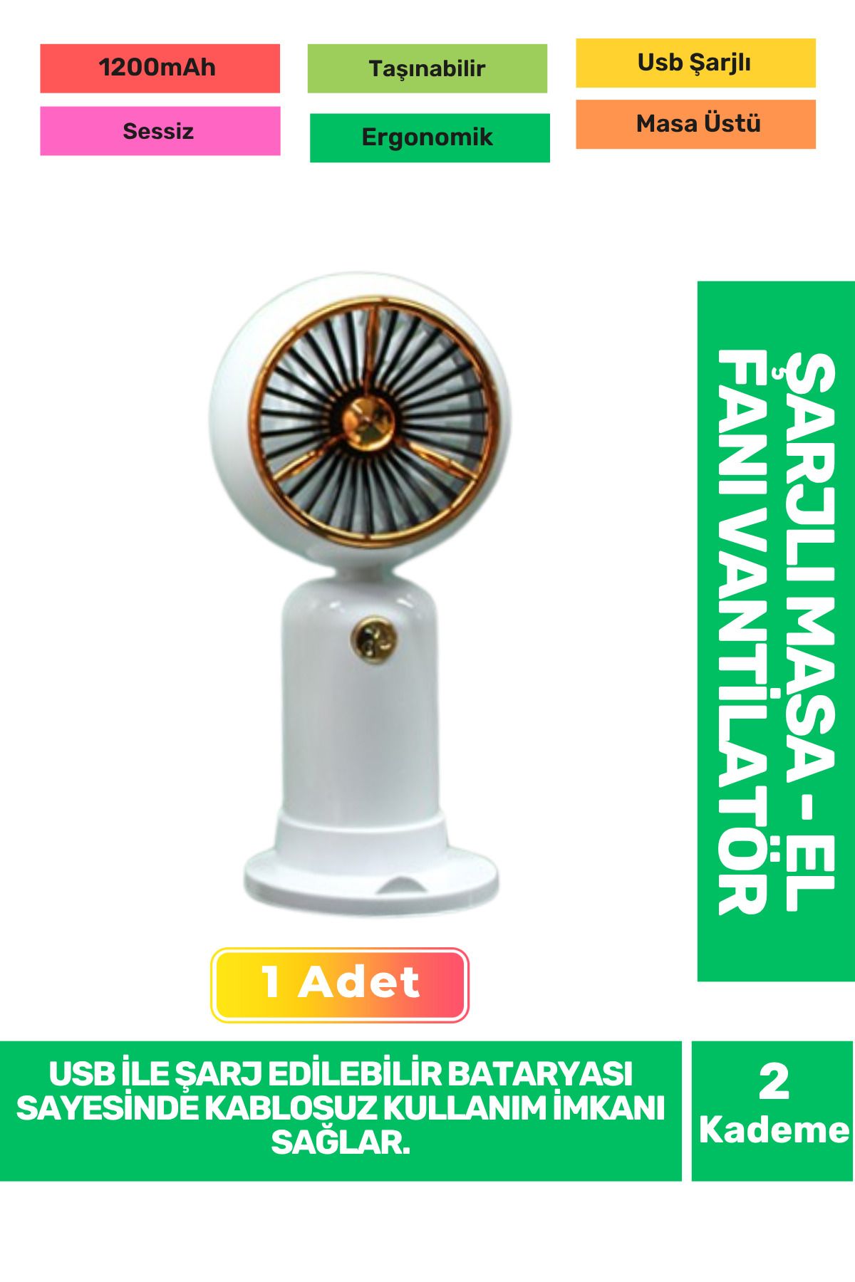 Fantazer Ultra Sessiz 2 Kademeli Hafif Kablosuz 1200mAh Pervane Taşınabilir Usb Şarjlı Masa El Fan Vantilatör