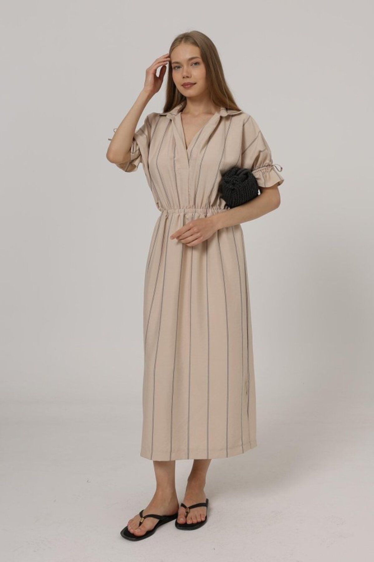 velmorafashion Beli Lastikli Elbise - Taş