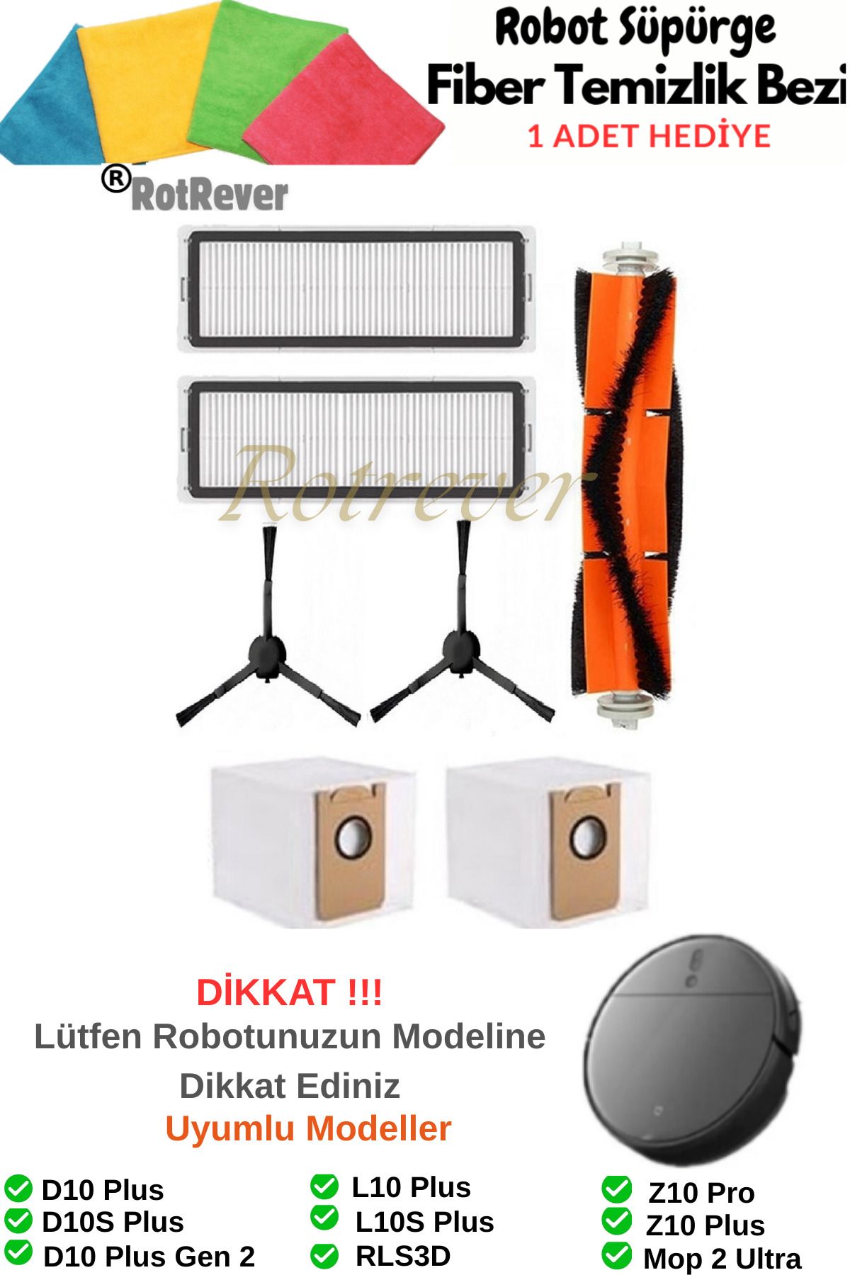RotRever Dreame Bot D10+ Plus/D10S+ Plus/L10+ Plus / L10S+ Plus Uyumlu Filtre,Fırça ,Toz Torbalı Set-7 Parça