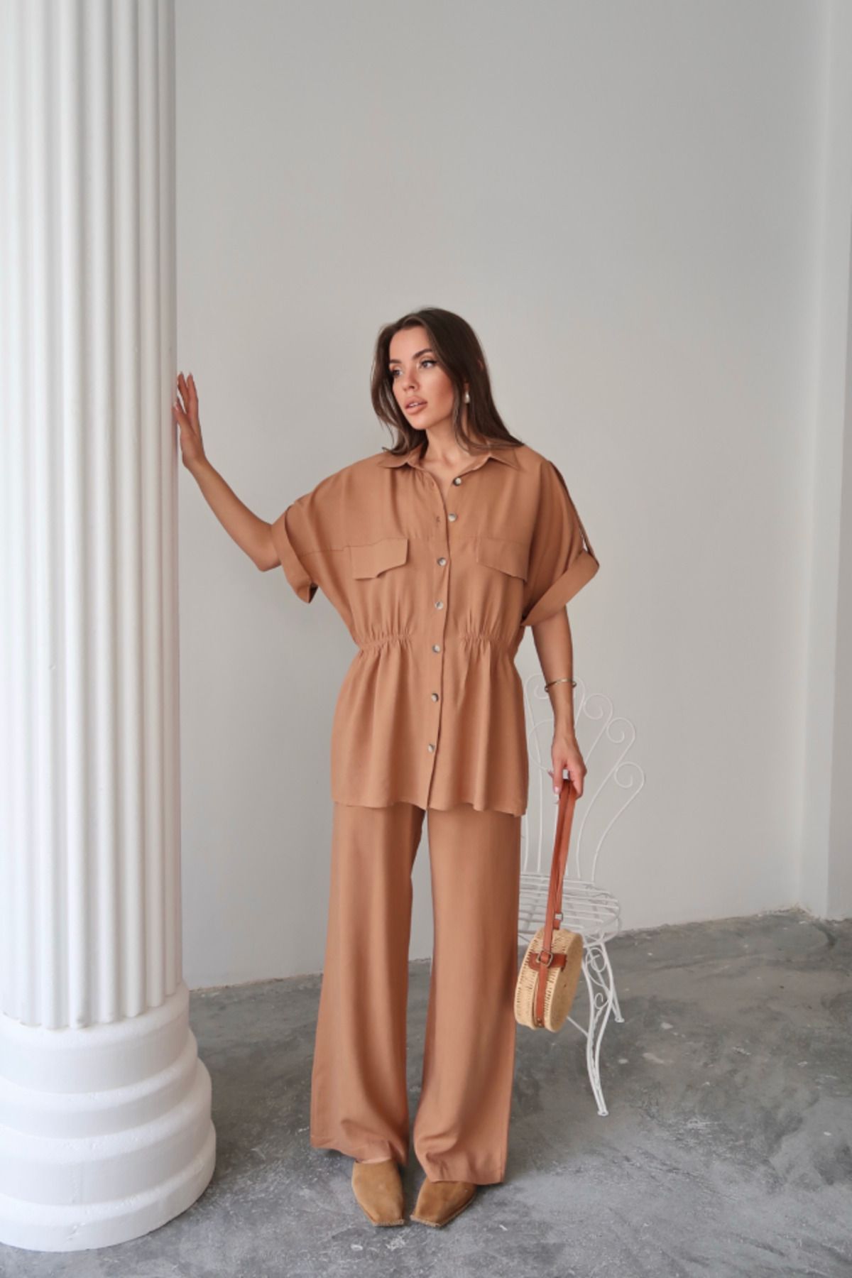 velmorafashion KETEN BELDEN BÜZGÜ DETAYLI GÖMLEK - PANTOLON TAKIM - Kahverengi