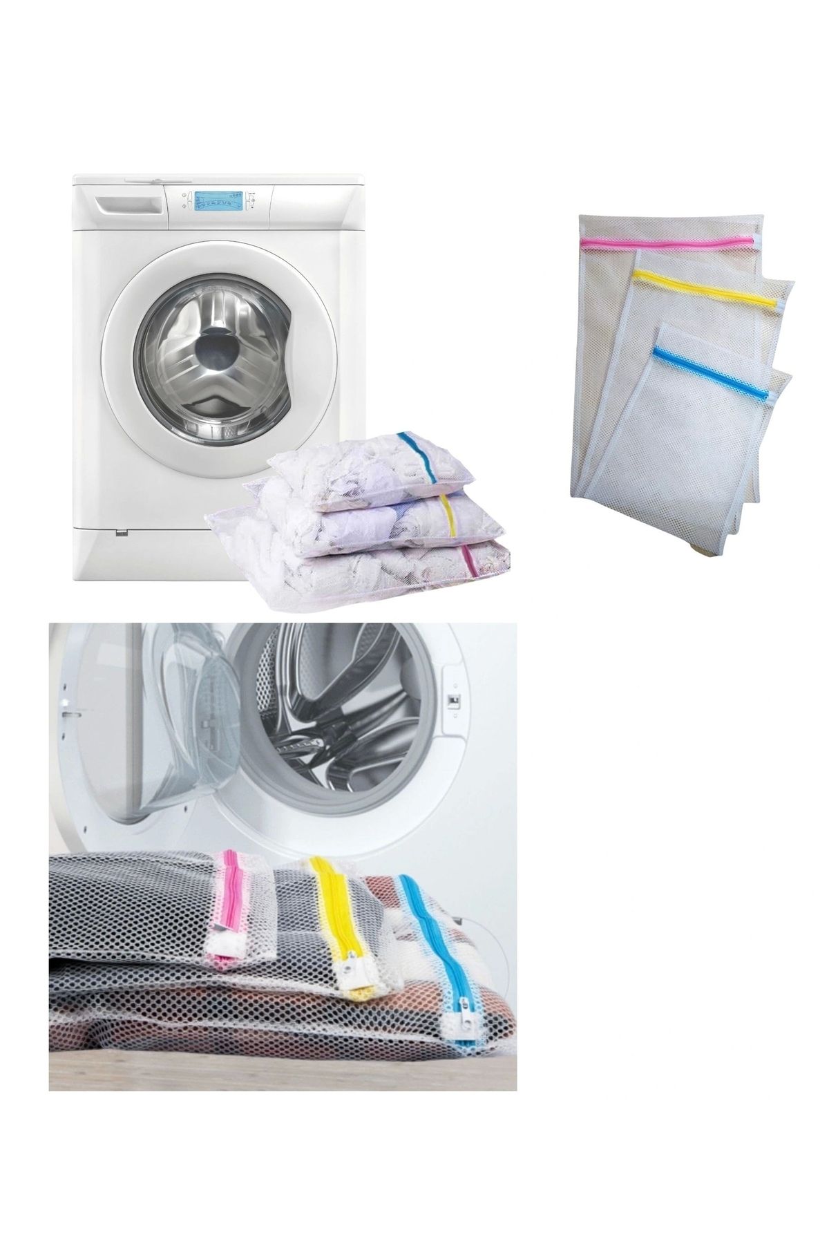 OurStyles 3'lü Çamaşır Yıkama Filesi Set Renkli Fermuarlı Pratik Çamaşır Yıkama Filesi Seti 3 Boy