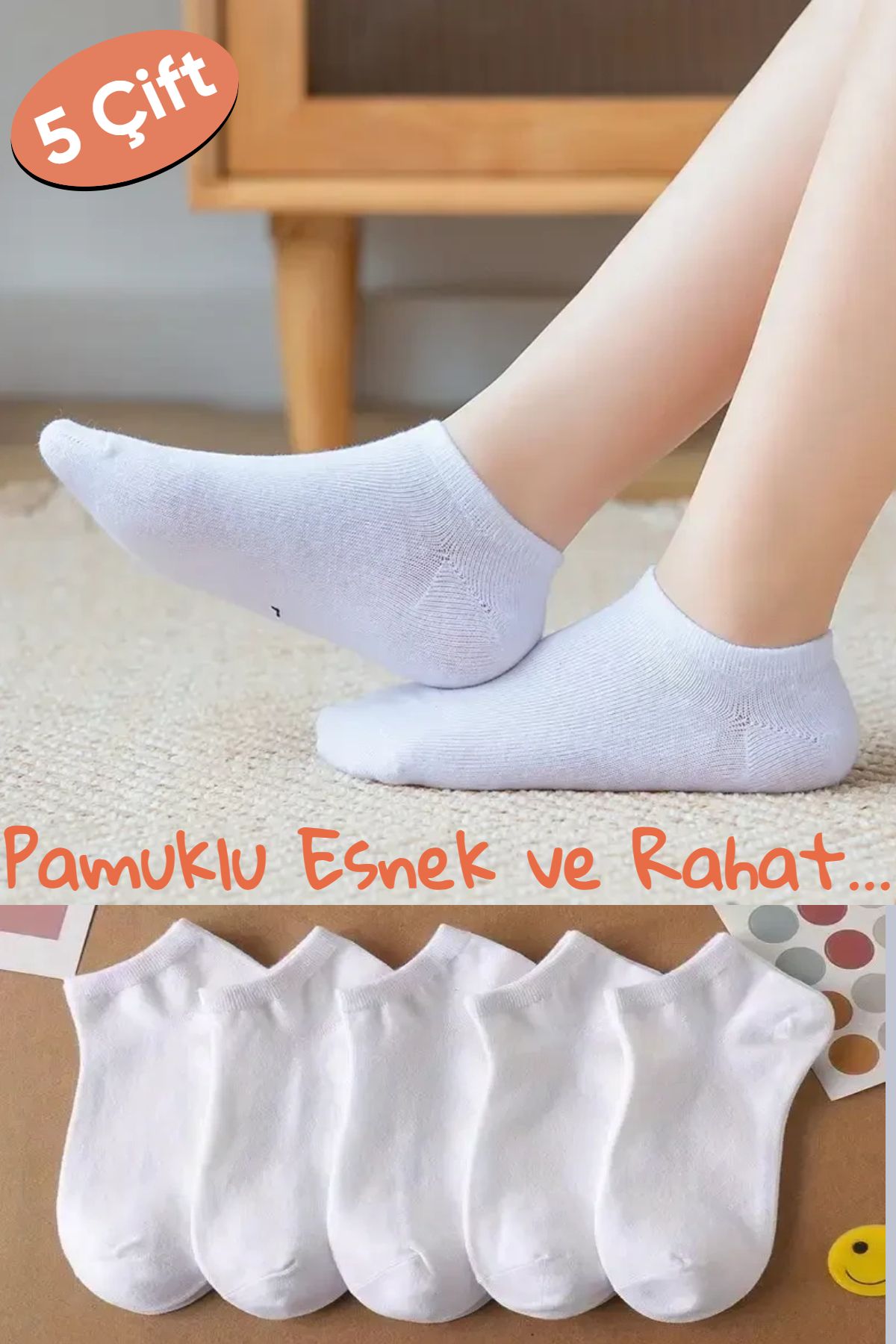 Esinti 5 Çift Ekonomik Paket Beyaz Siyah Kadın Erkek Unisex Spor Patik Çorap