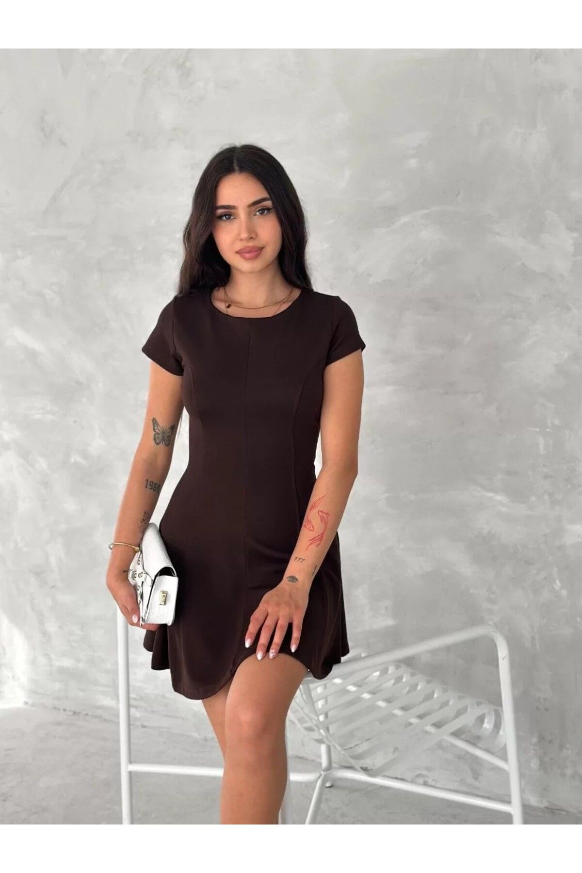 AMO kısa kollu Mini Elbise - Kahverengi