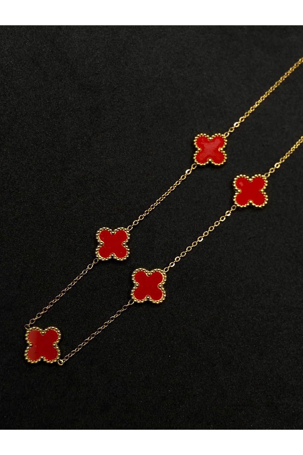 Jiji Jewelery Van Cleef Siyah Çoklu Yonca Model Çift Taraflı Mineli Altın Renk Paslanmaz Çelik Kolye