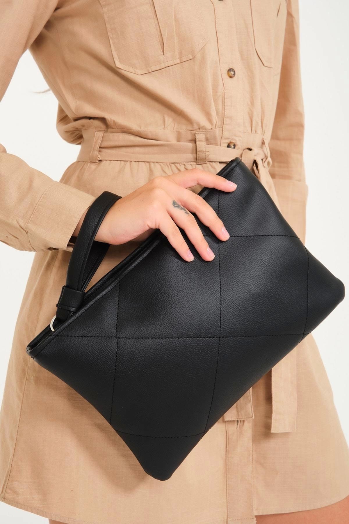 minaydan Kadın Astarlı Siyah Deri Clutch Çanta El Çantası Portföy