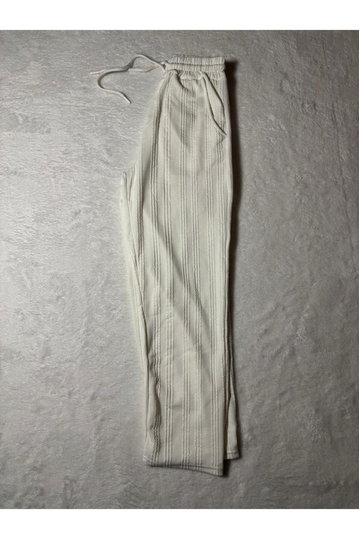 Butik Baggy Beyaz Renk Ottoman Çizgi Detaylı Pantolon