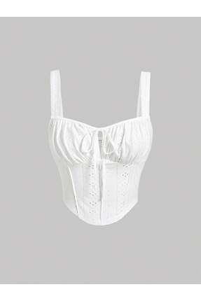 Wild Flower Beyaz Nakış Desenli göğüs Dekolteli Geniş Askılı Üst Crop