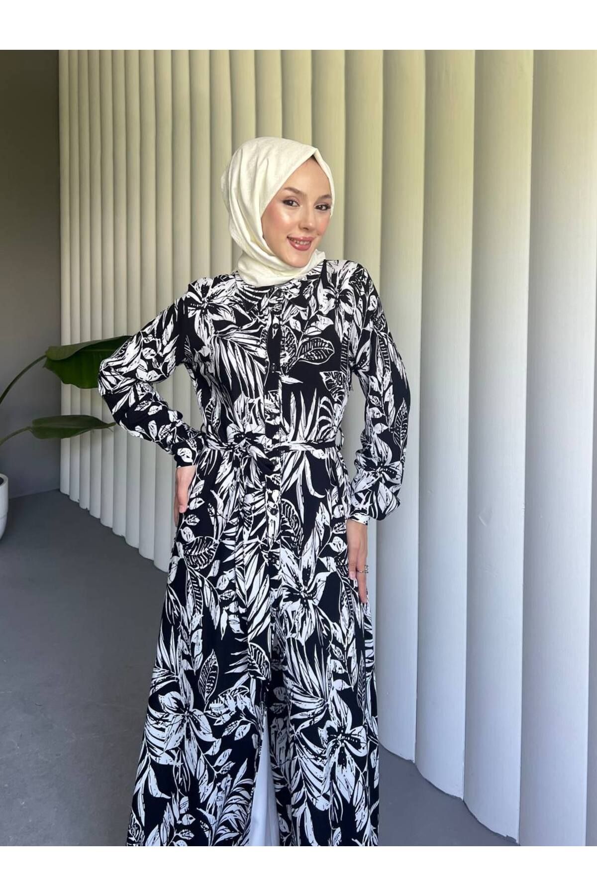 Castivo Fashion Yaprak Desenli Düğmeli Beli Bağcıklı Elbise