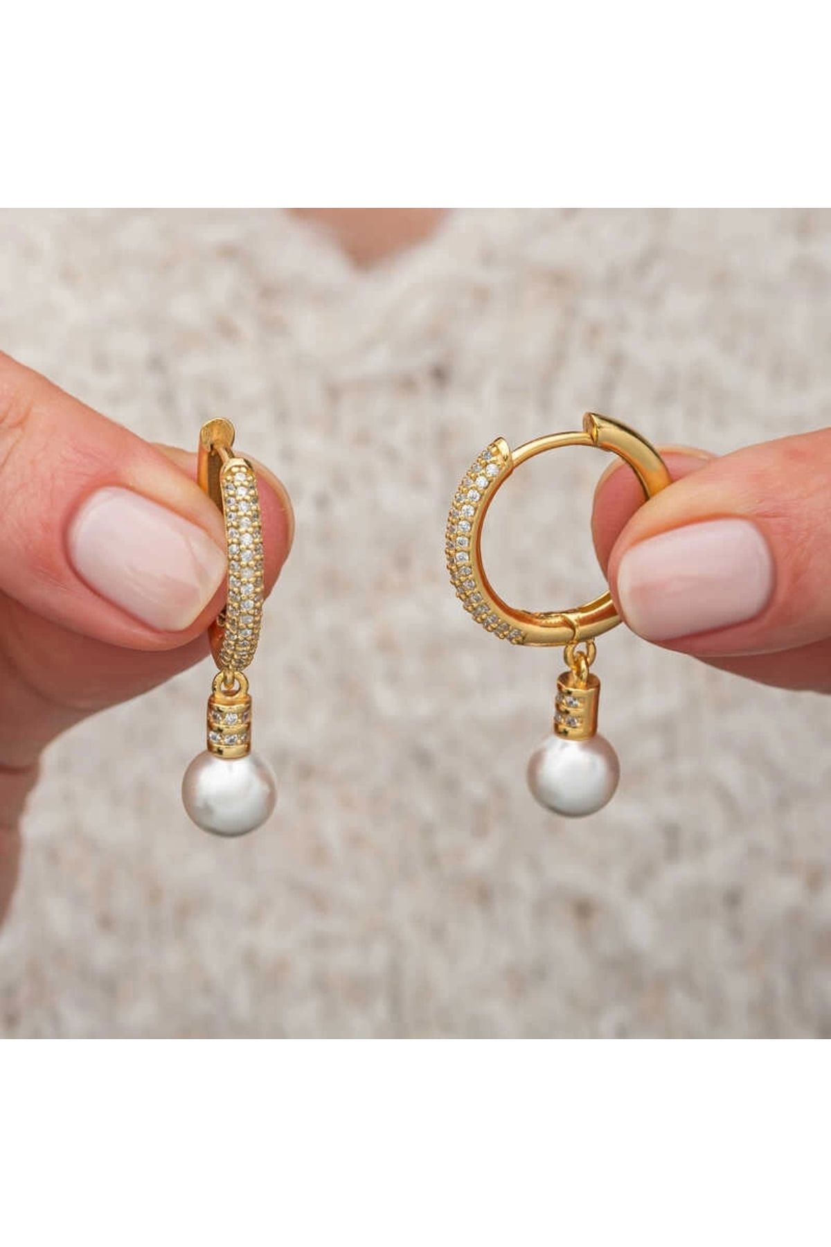 minaydan Gümüş Zirkon Taşlı Gold Halka İnci Küpe