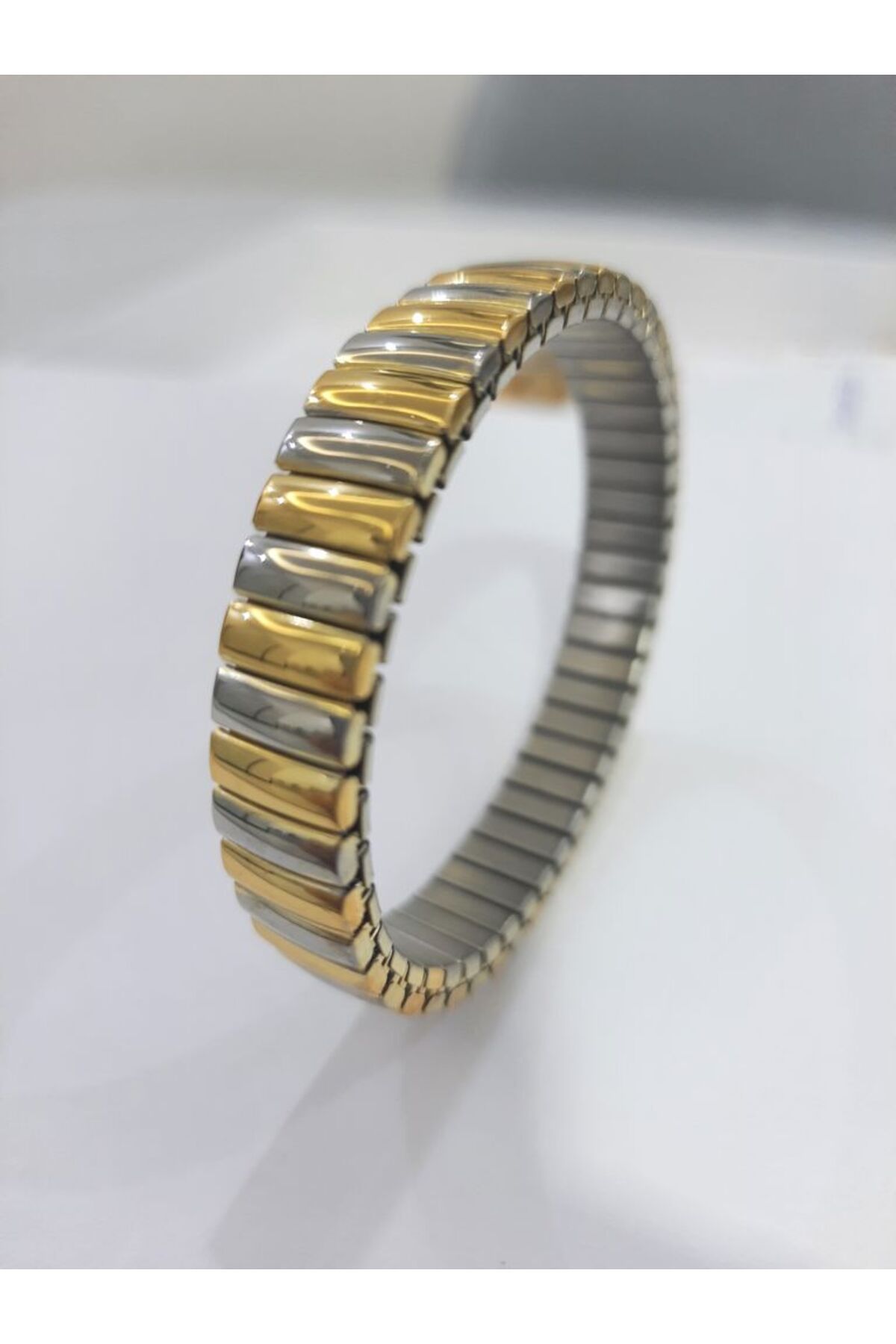 Tasarım Çelik Bileklik Metal Kavisli Elastik Model 1 Cm Genişlik 18 Cm Uzunluk Gold Gümüş