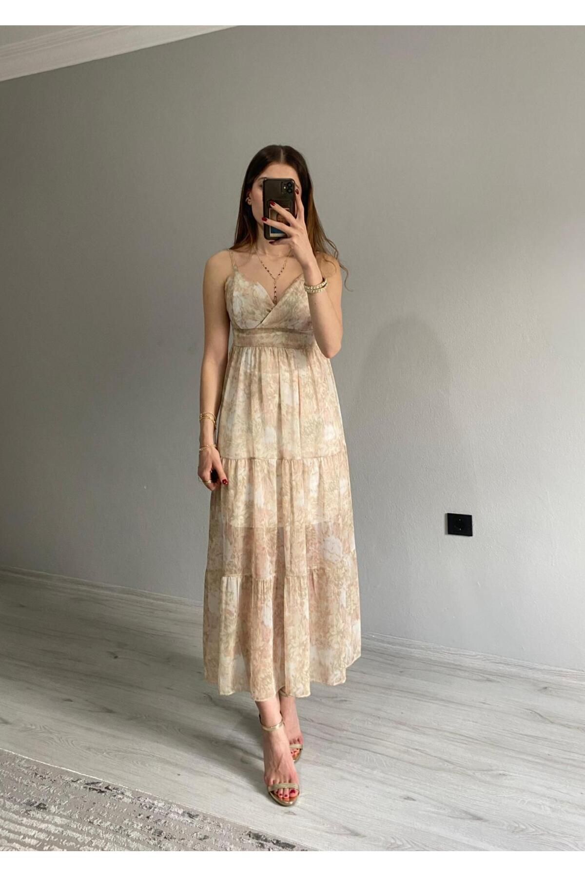 Niceboutique İp Askılı Greta Şifon Desenli Midi Boy Elbise