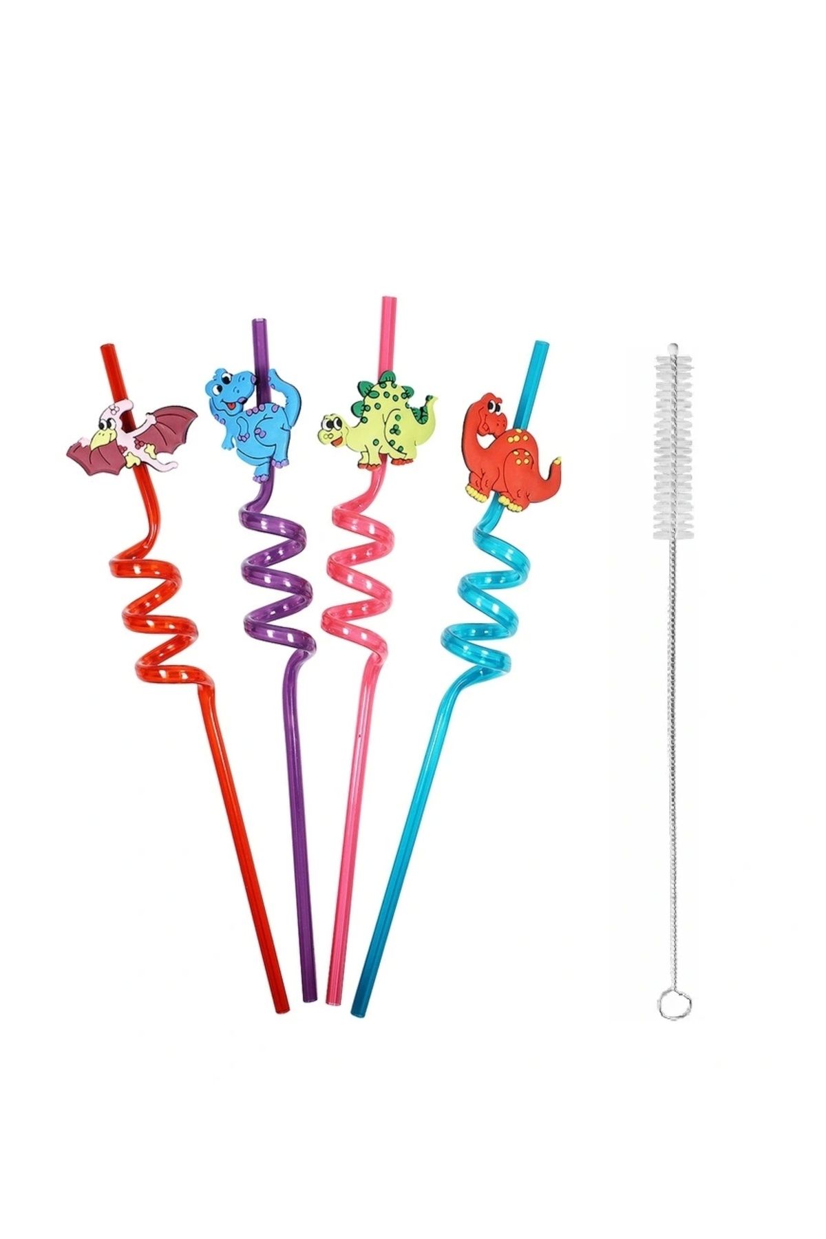 OurStyles 5 Parça Renkli Pipet Seti - Emojili Spiral Kokteyl- Çocuk Pipeti Temizleme Fırçalı