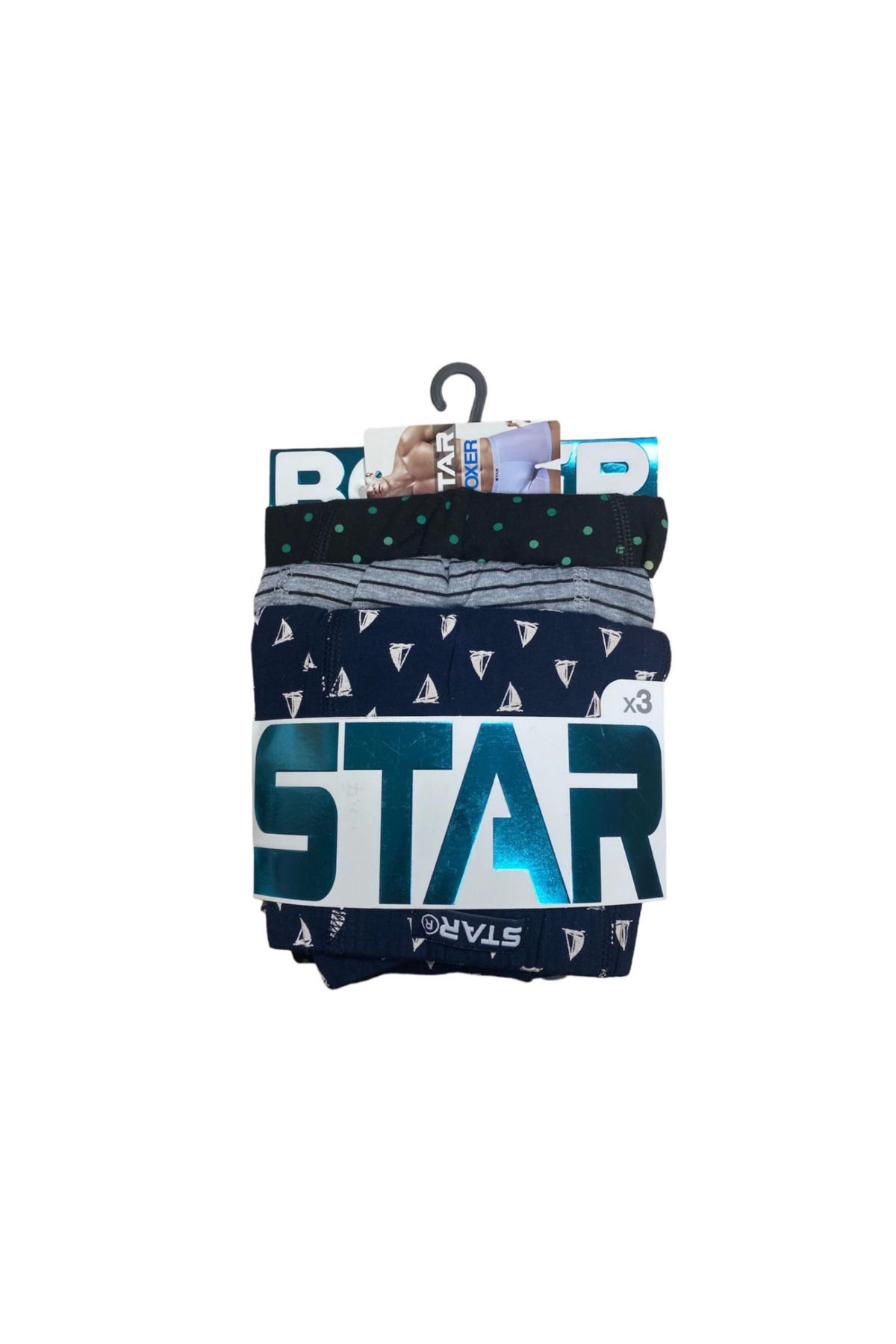 Narnuga Star 106 Desenli Pamuklu Kemer Likralı 3'lü Boxer