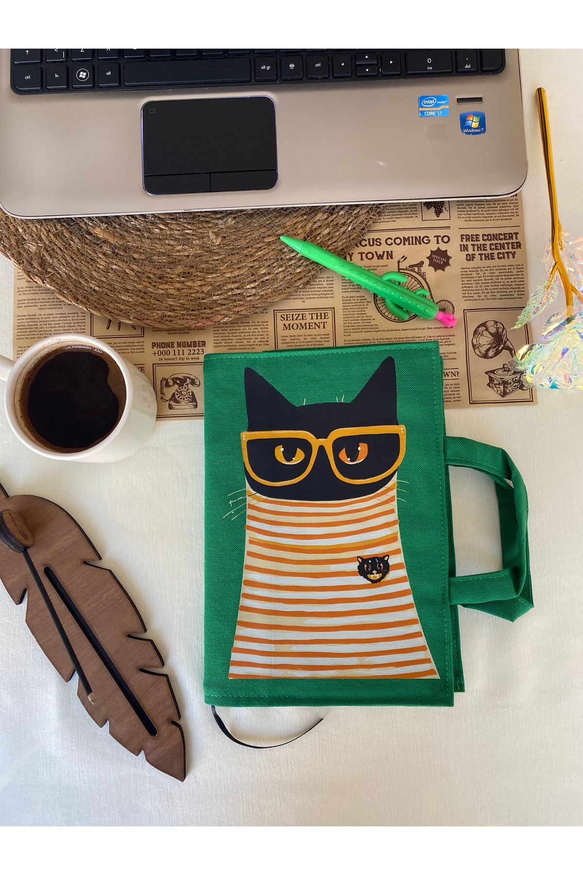 DUTTDİKİM Kedi Baskılı Kitçan Bez Kitap Çantası + 17x24 cm Şamua Defter | 80 Sayfa | Dikimli & Selefon Kapak