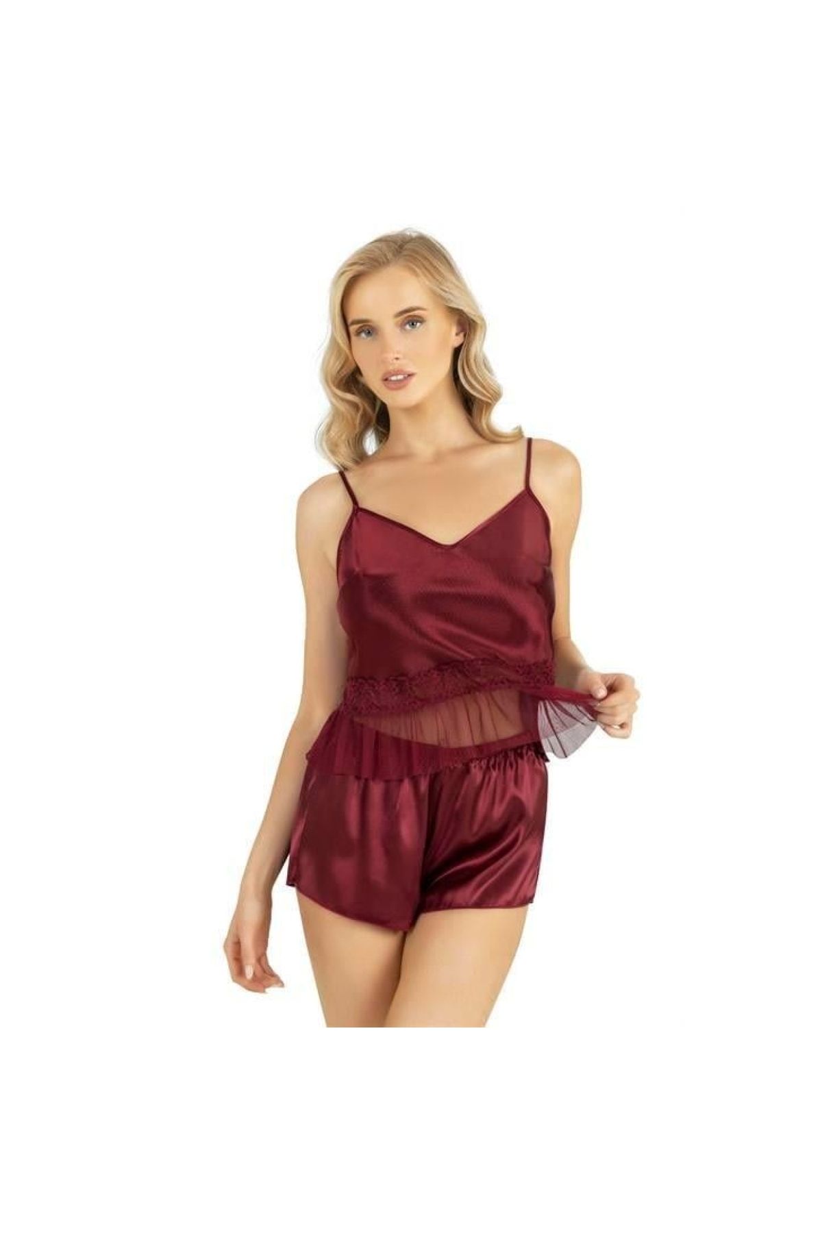 Narnuga Bordo Saten Şort Takımı 9209